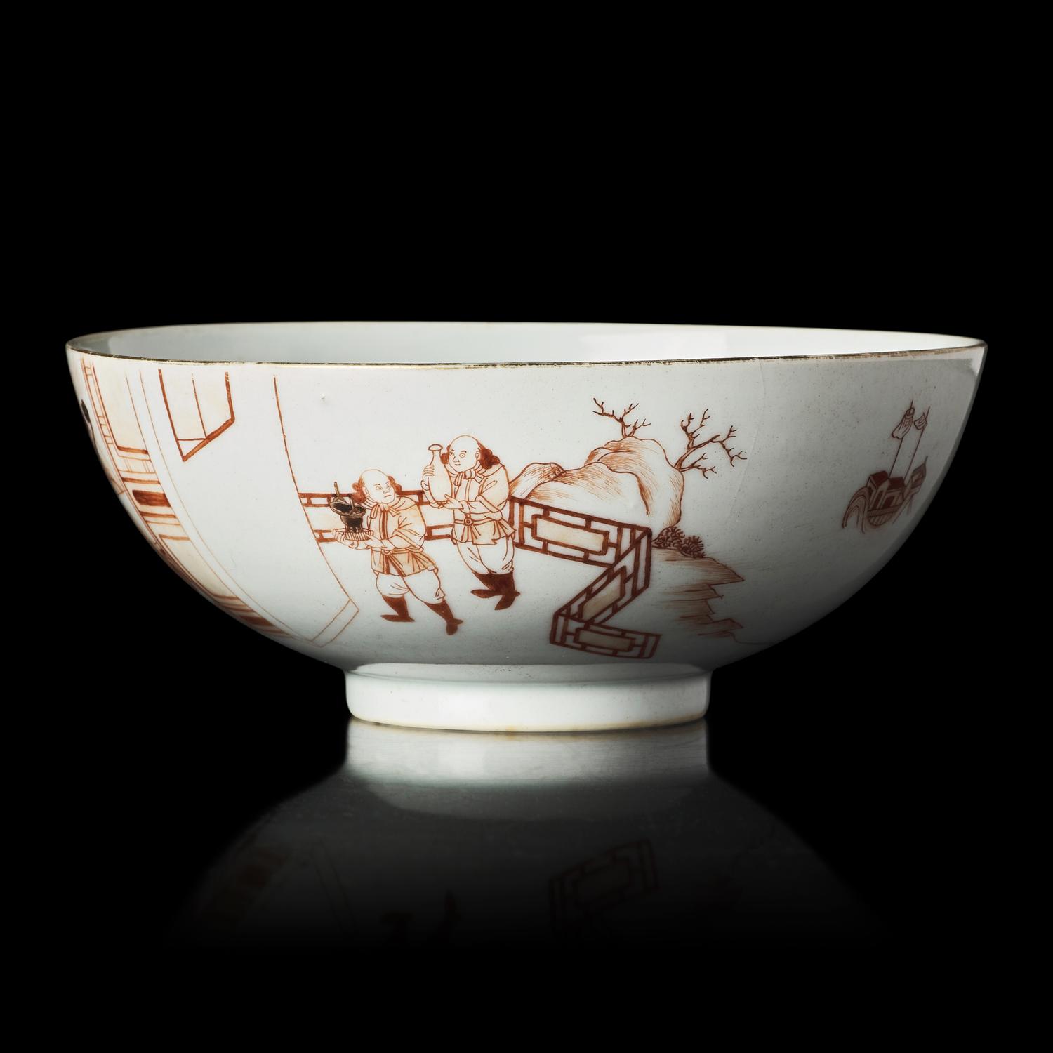A Chinese Iron-Red Painted "Foreigners" Bowl, 18th Century — 清中期 礬紅彩人物故事圖碗