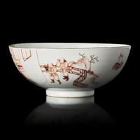 A Chinese Iron-Red Painted "Foreigners" Bowl, 18th Century — 清中期 礬紅彩人物故事圖碗