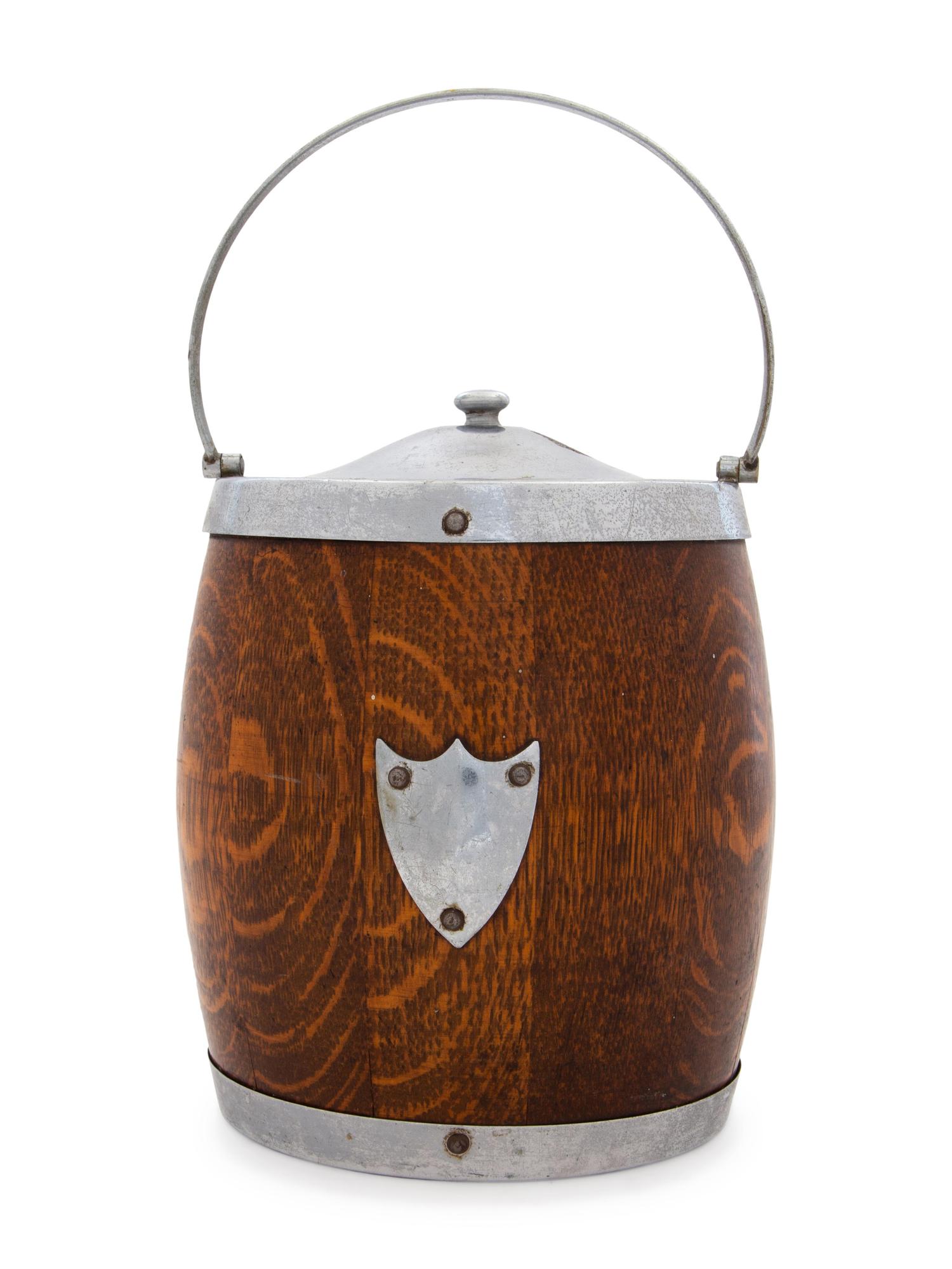 A Victorian Silver-Plate Mounted Oak Biscuit Barrel