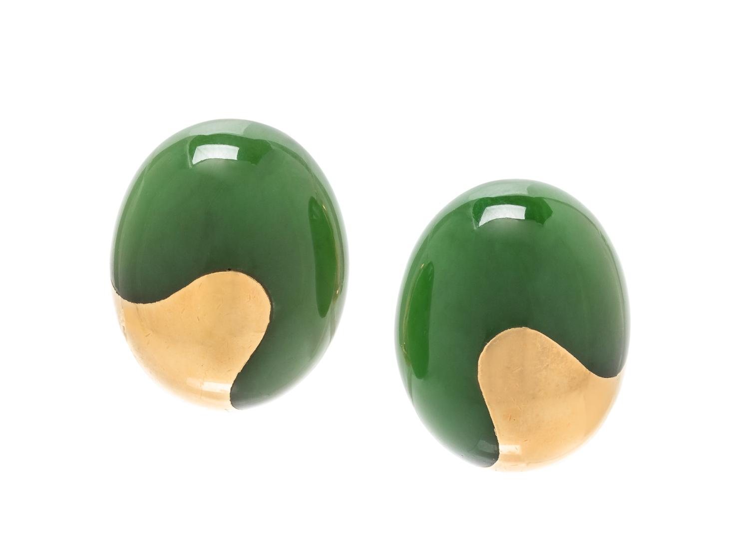 A Pair of 18 Karat Yellow Gold and Jade Earclips, Angela Cummings for Tiffany & Co.,