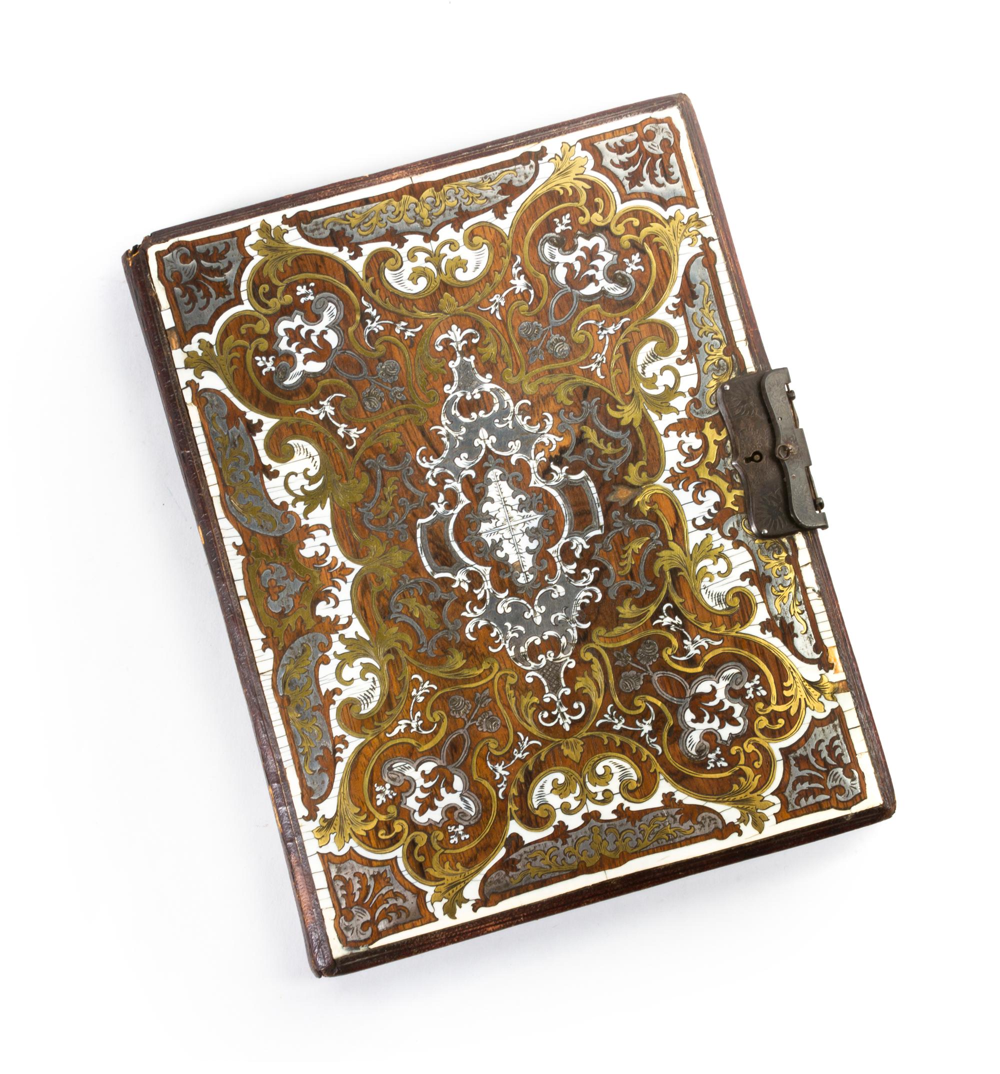 A Continental Ivory, Brass and Silver Inlaid Portfolio, Height 11 1/8 x width 8 3/4 inches.