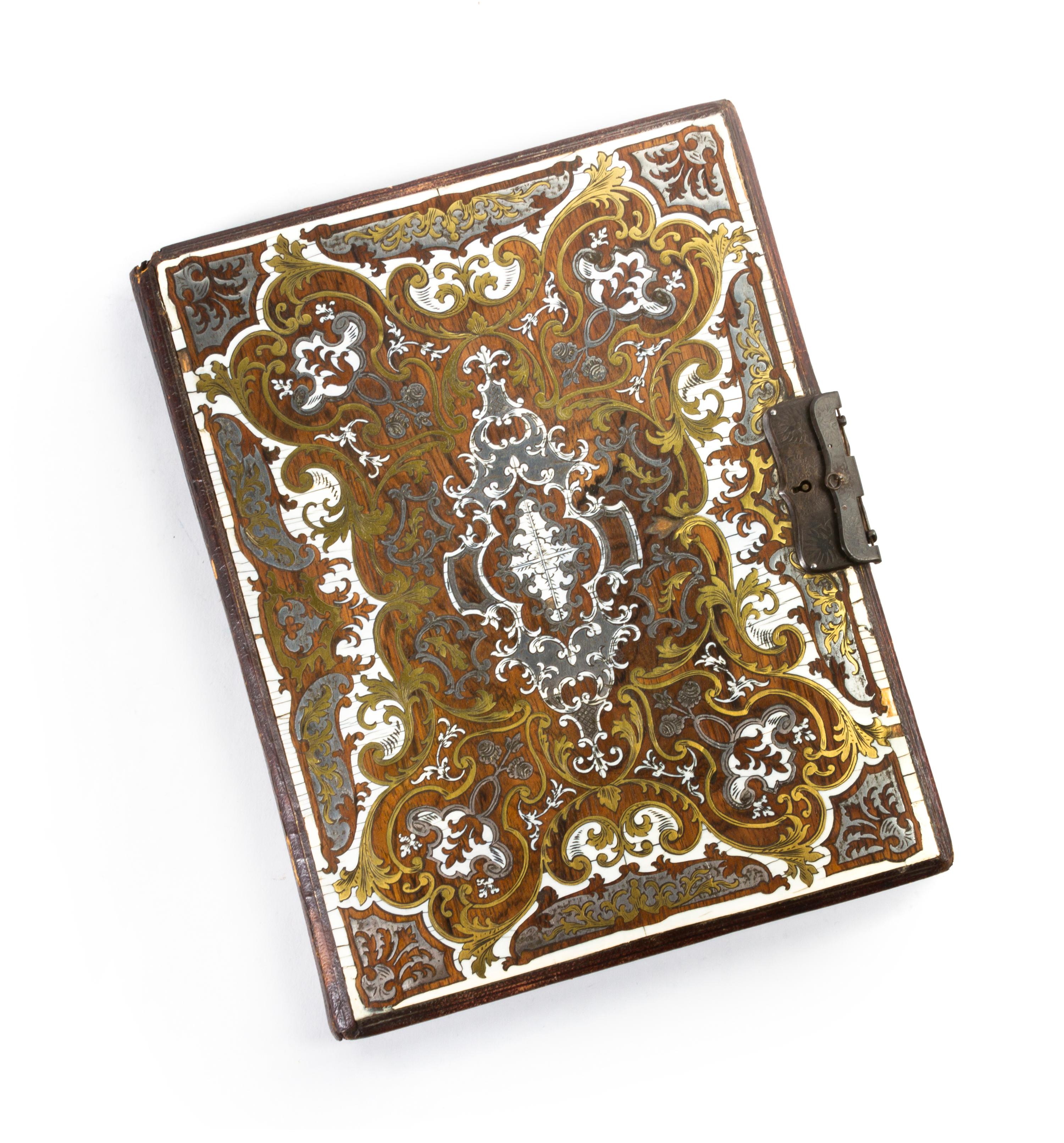 A Continental Ivory, Brass and Silver Inlaid Portfolio, Height 11 1/8 x width 8 3/4 inches.