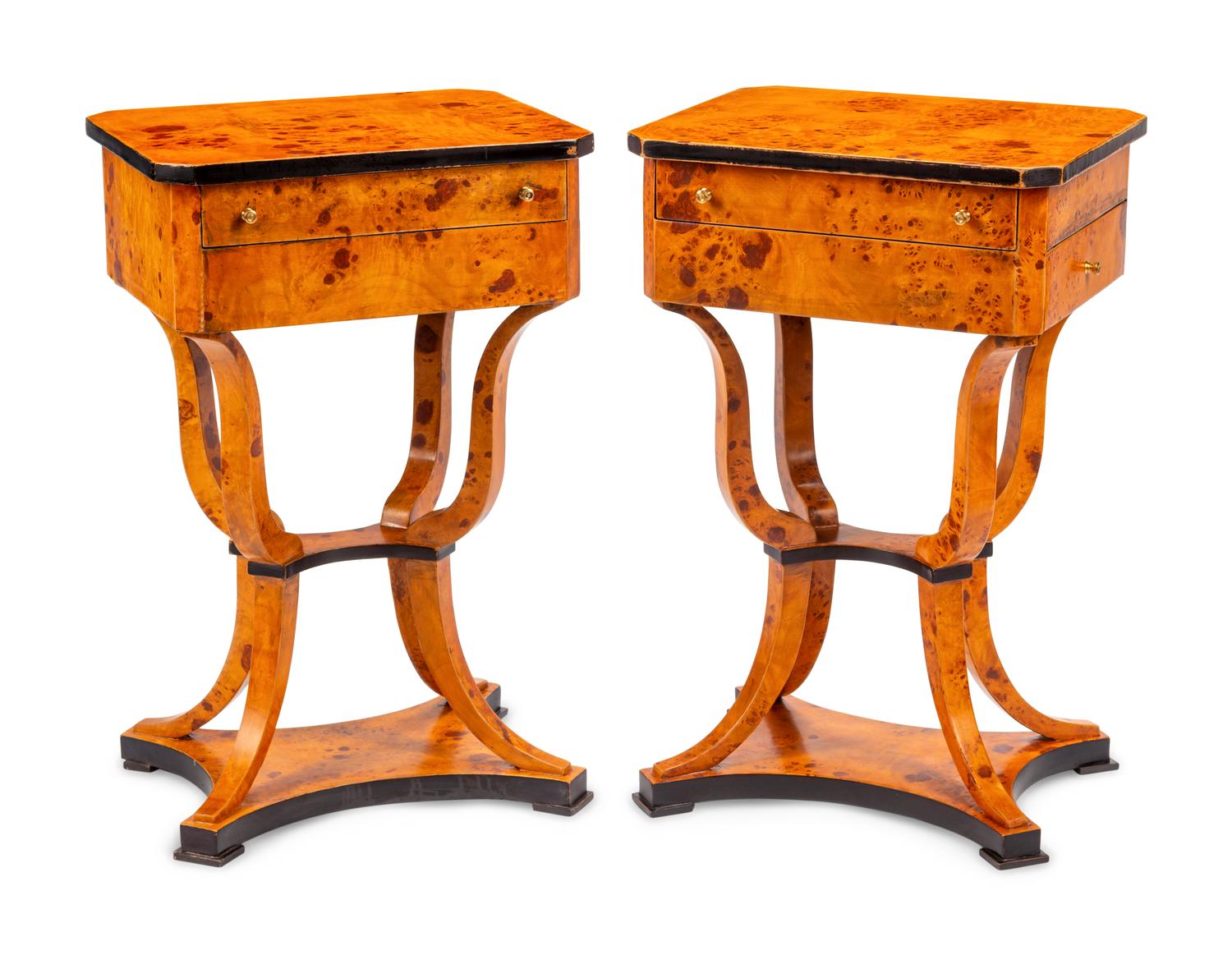 A Pair of Biedermeier Style Parcel Ebonized Burlwood Work Tables