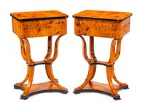 A Pair of Biedermeier Style Parcel Ebonized Burlwood Work Tables