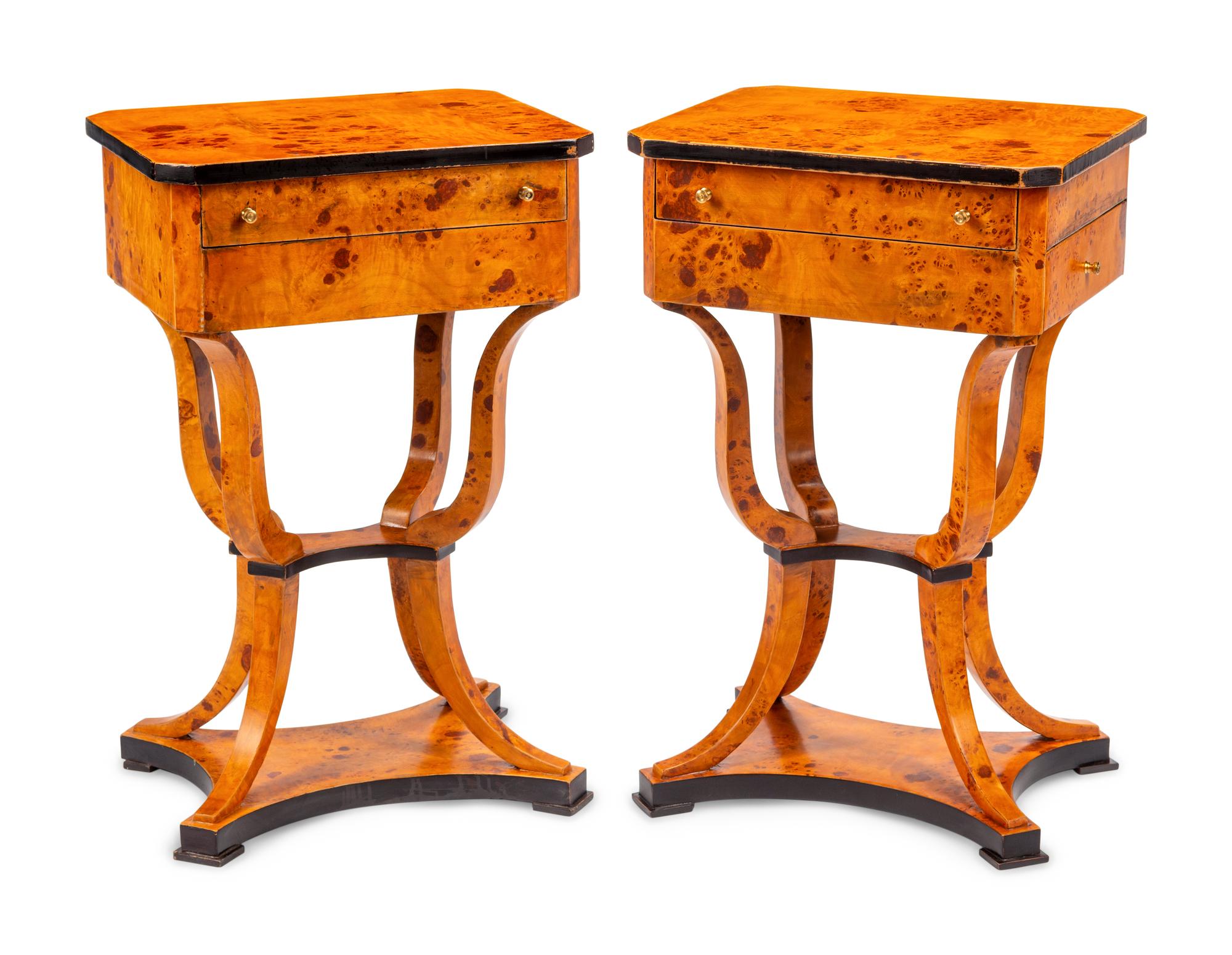 A Pair of Biedermeier Style Parcel Ebonized Burlwood Work Tables