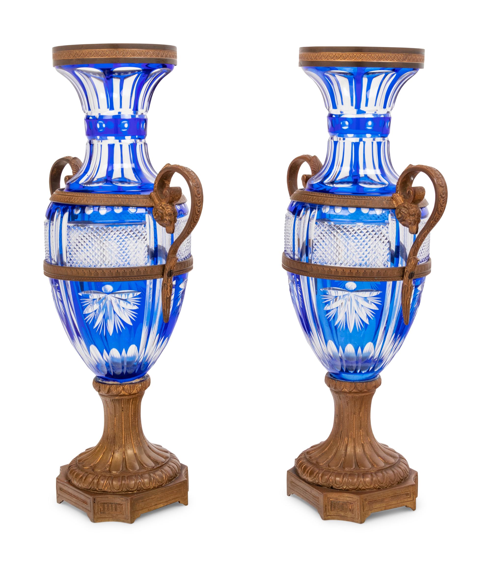 A Pair of French Gilt Bronze Mounted Cobalt Cut-to-Clear Glass Vases