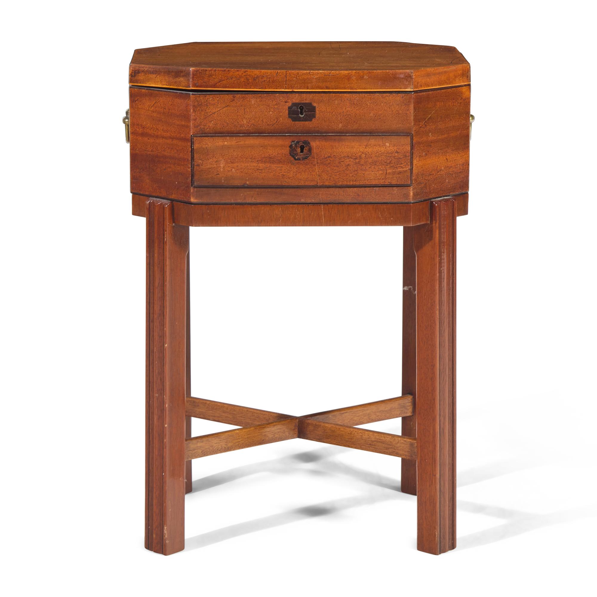 A George III Mahogany Sewing Box on Later Stand
