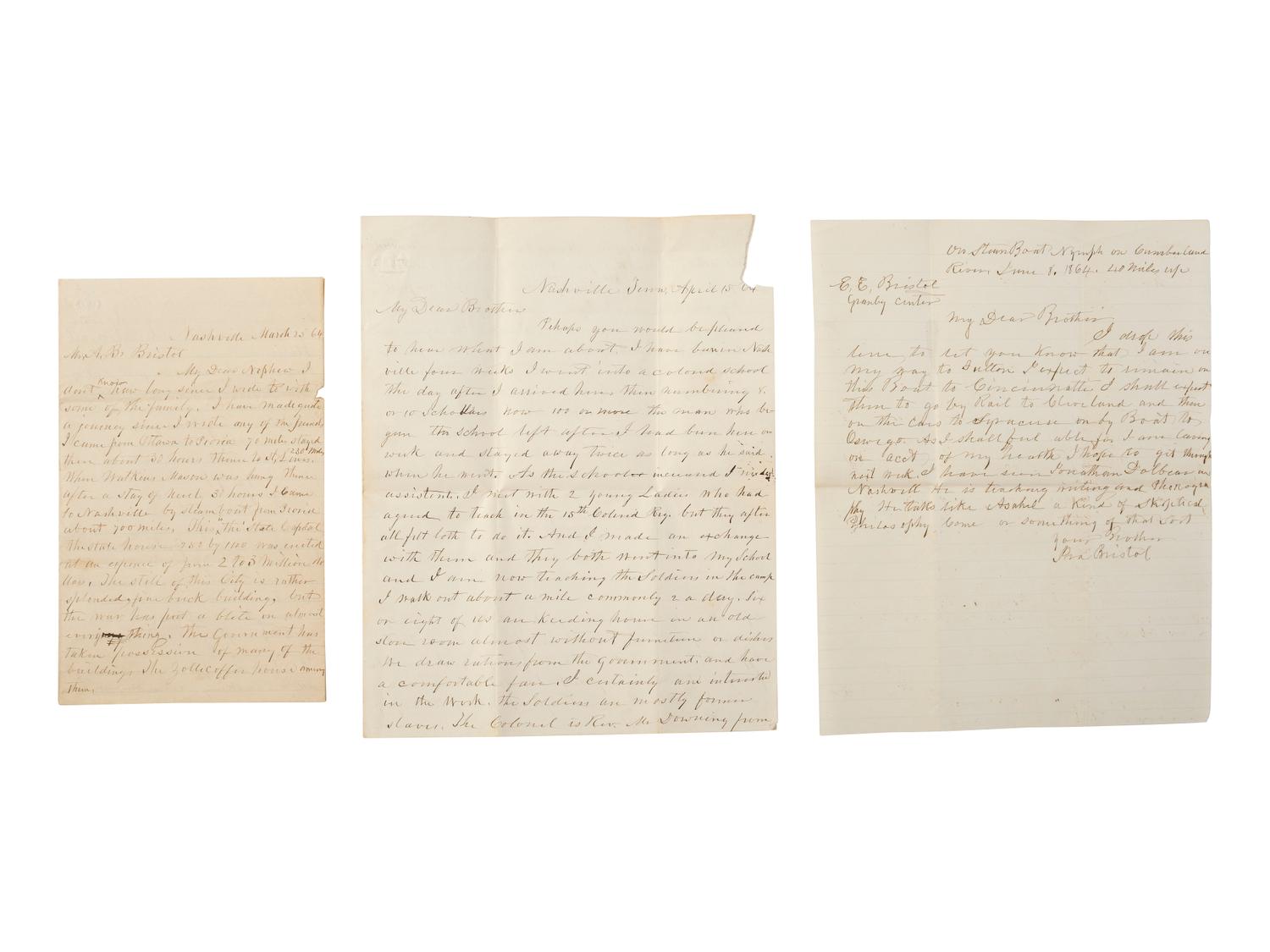 [ENSLAVEMENT & ABOLITION]. A northern preacher's letters concerning teaching soldiers from the 15th United States Colored Infantry Regiment as well as students at a freedmen's school in Nashville, Tennessee. 1863-1864.