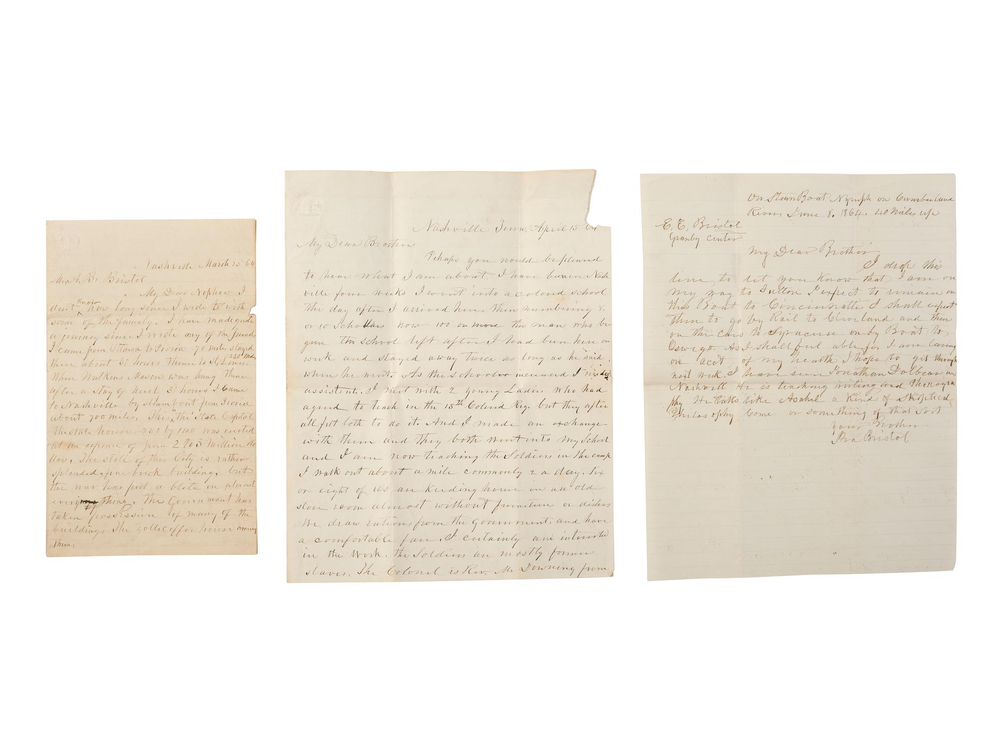 [ENSLAVEMENT & ABOLITION]. A northern preacher's letters concerning teaching soldiers from the 15th United States Colored Infantry Regiment as well as students at a freedmen's school in Nashville, Tennessee. 1863-1864.