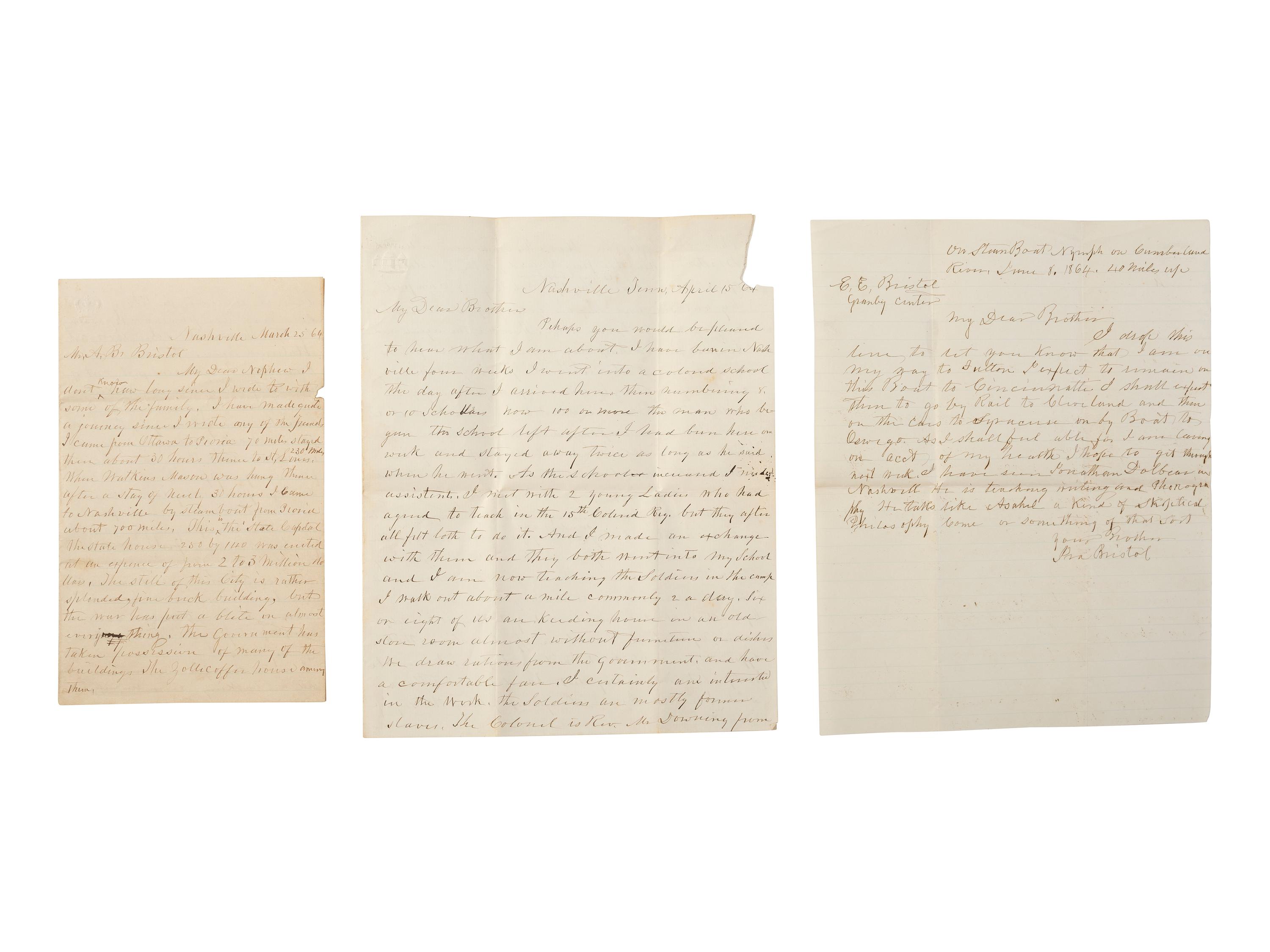 [ENSLAVEMENT & ABOLITION]. A northern preacher's letters concerning teaching soldiers from the 15th United States Colored Infantry Regiment as well as students at a freedmen's school in Nashville, Tennessee. 1863-1864.