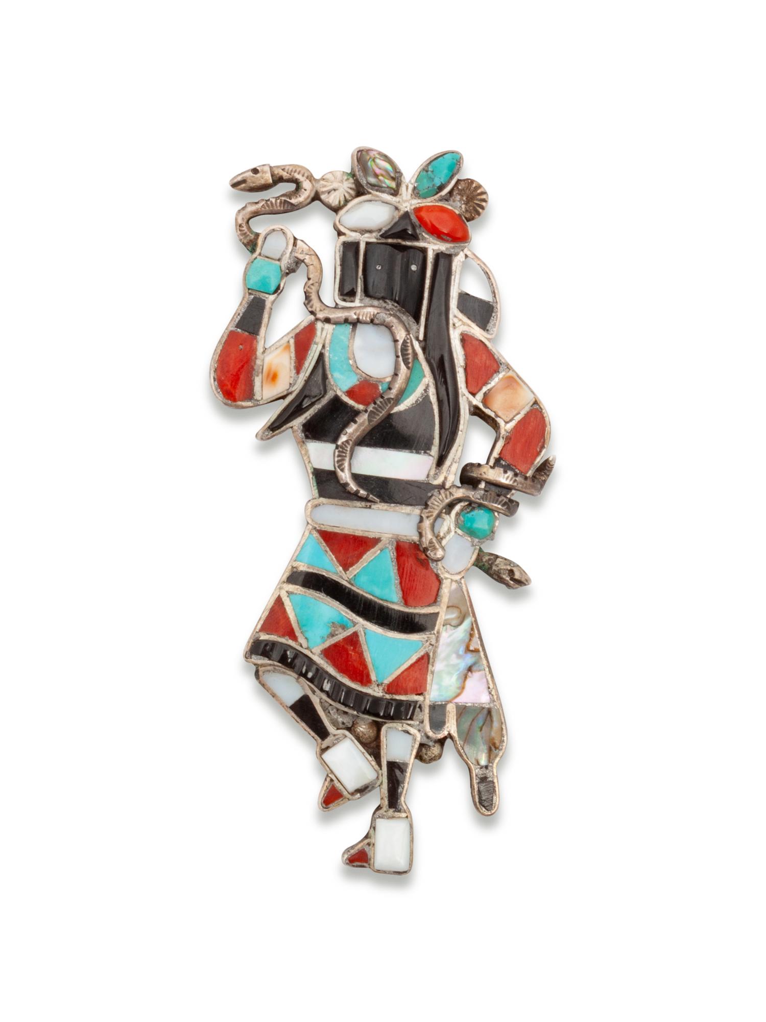 Zuni Channel Inlay Snake Dancer Brooch