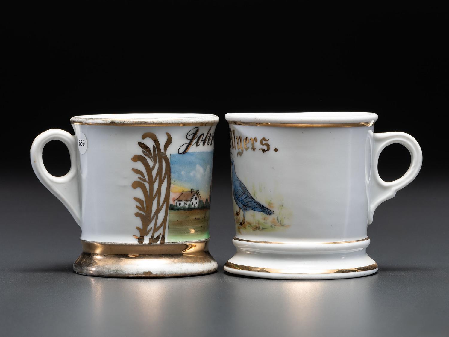 Two Porcelain Occupational Shaving Mugs of Avian Interest