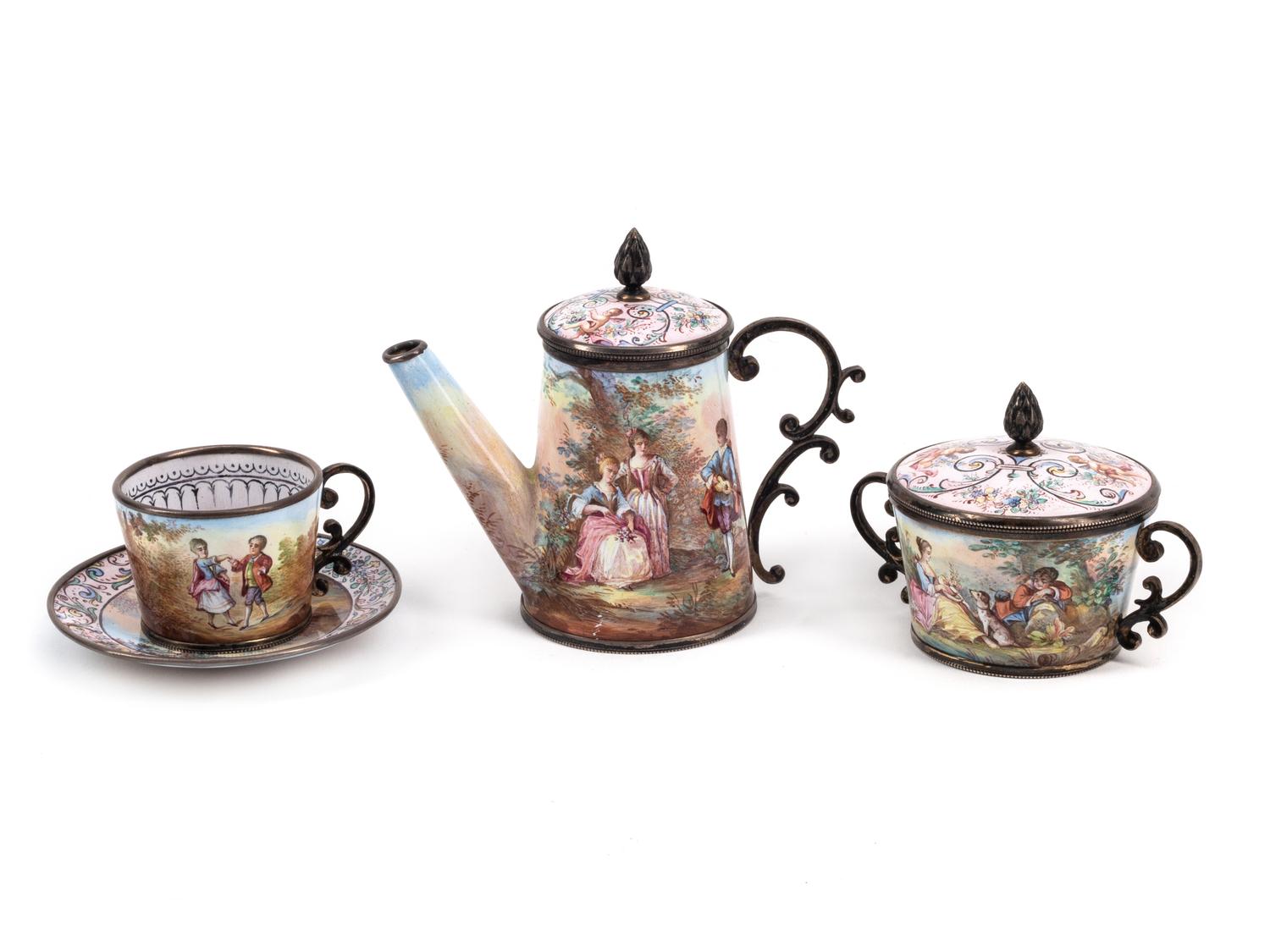An Austrian Enameled Silver Miniature Tea Service