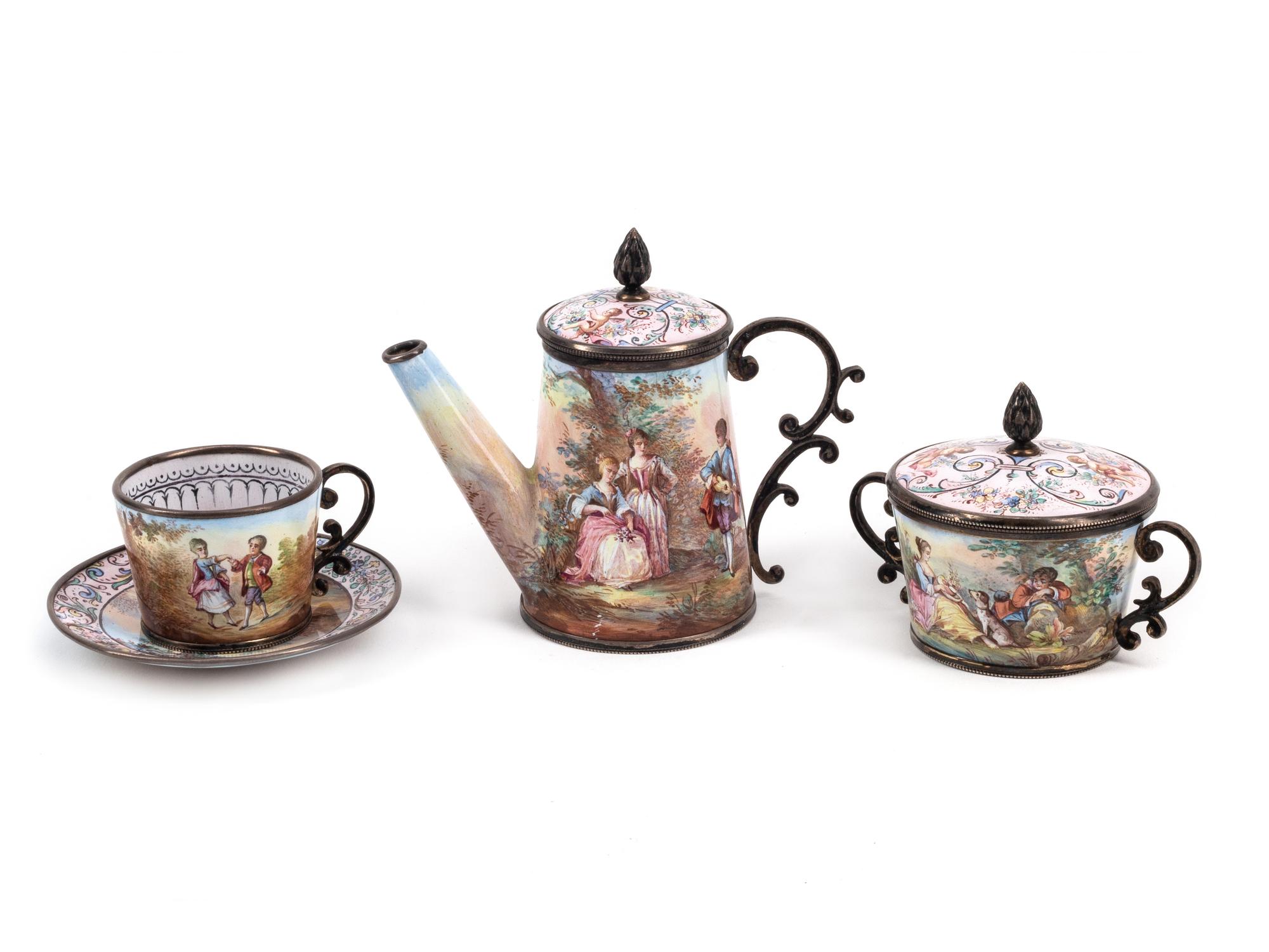 An Austrian Enameled Silver Miniature Tea Service