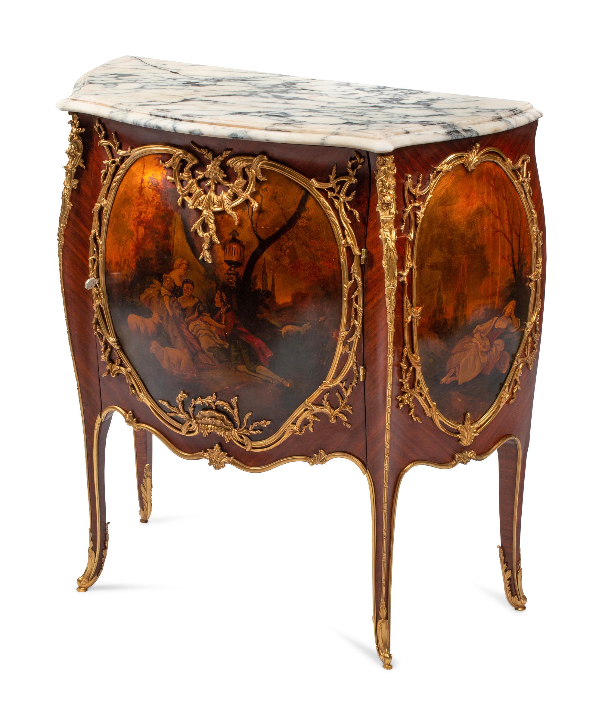 A Louis XV Style Gilt Bronze Mounted Vernis Martin Marble-Top Cabinet
