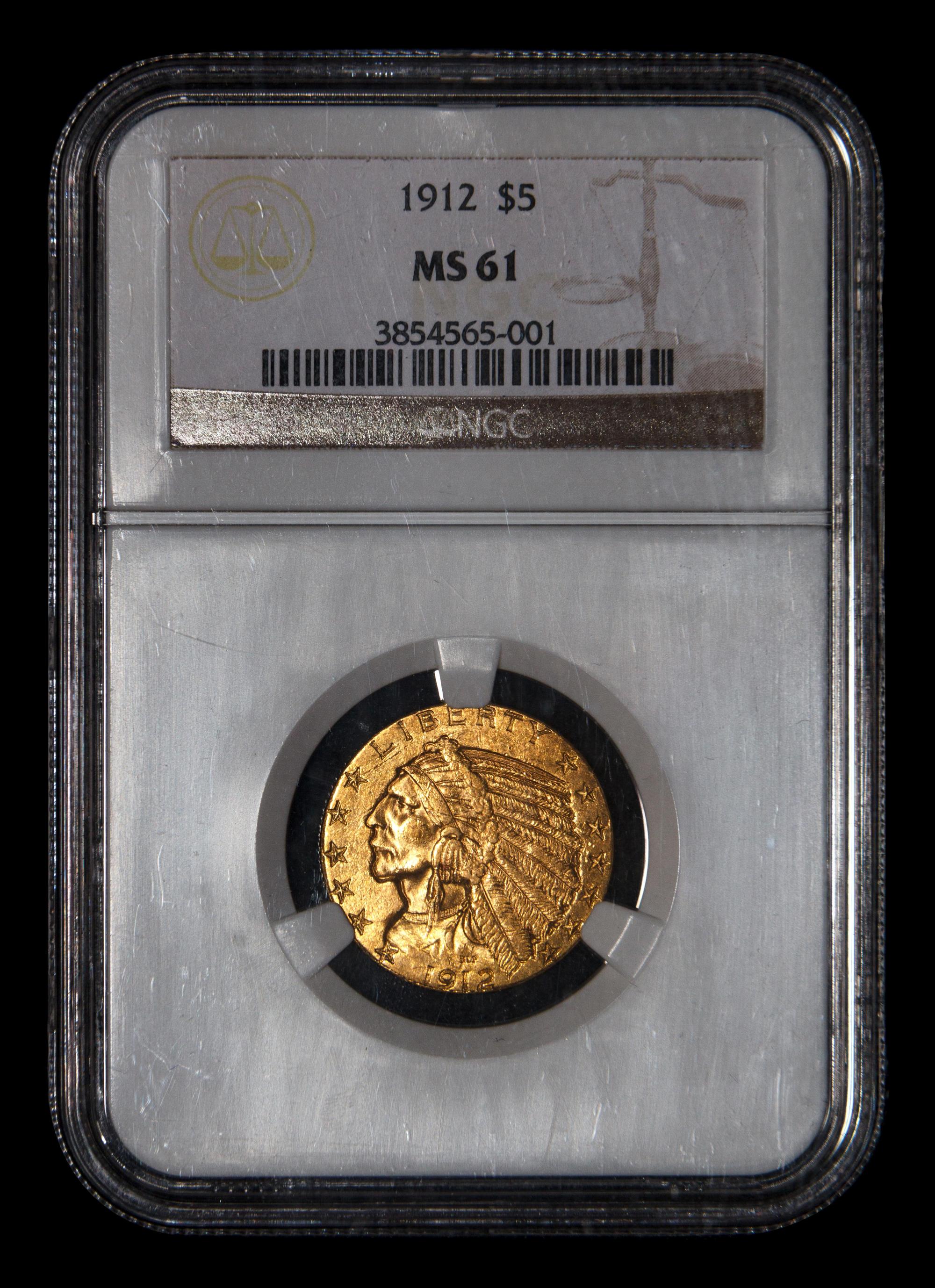 A 1912 Indian Head $5 Gold Coin (NGC MS61)