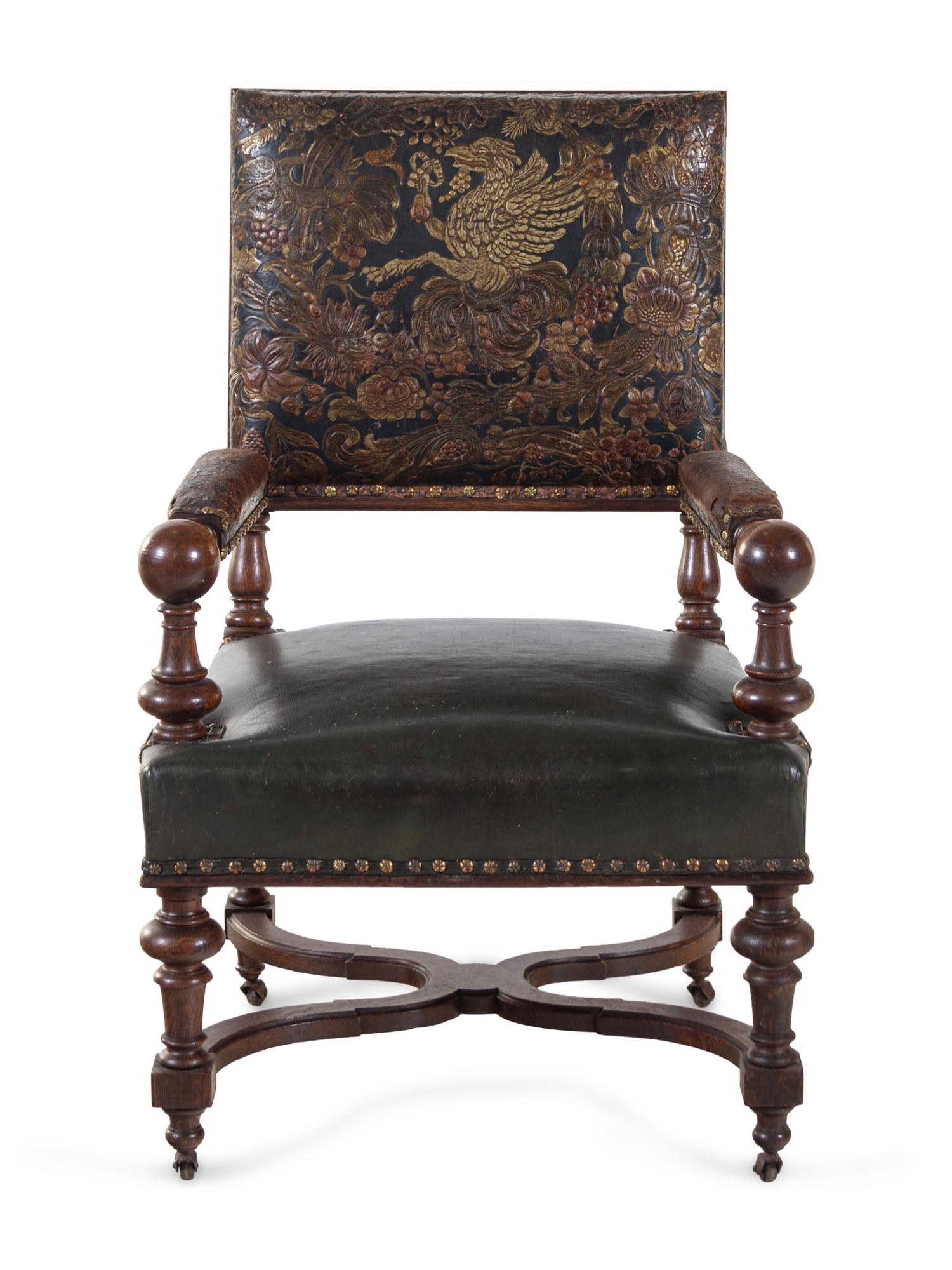 An English Embossed Leather Library Chair