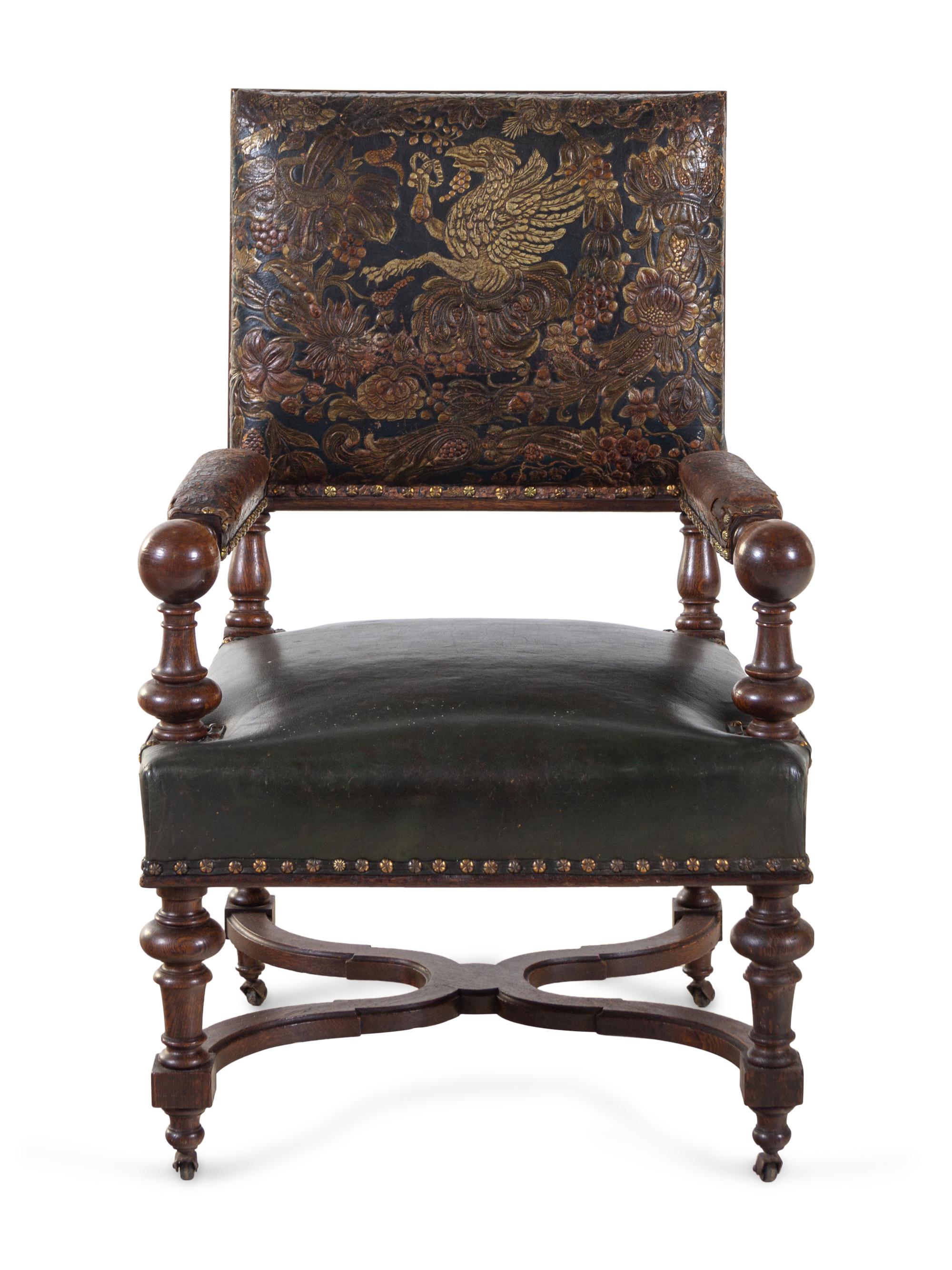 An English Embossed Leather Library Chair