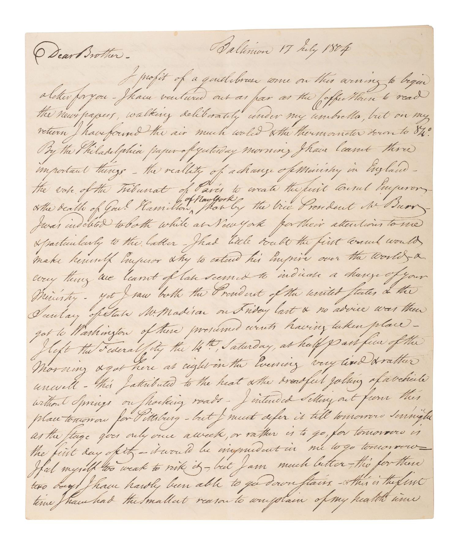 [WESTERN AMERICANA] -- [REPUBLIC OF WEST FLORIDA]. Letters of William Herries (1748-1811), British banker turned American entrepreneur, incl. description of meeting President Jefferson and his journey from New York to New Orleans, 1804-1811.
