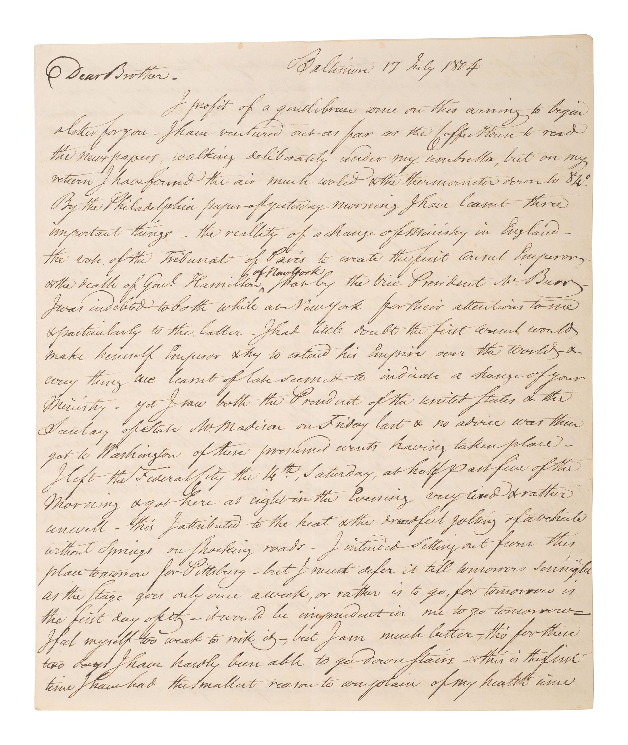 [WESTERN AMERICANA] -- [REPUBLIC OF WEST FLORIDA]. Letters of William Herries (1748-1811), British banker turned American entrepreneur, incl. description of meeting President Jefferson and his journey from New York to New Orleans, 1804-1811.