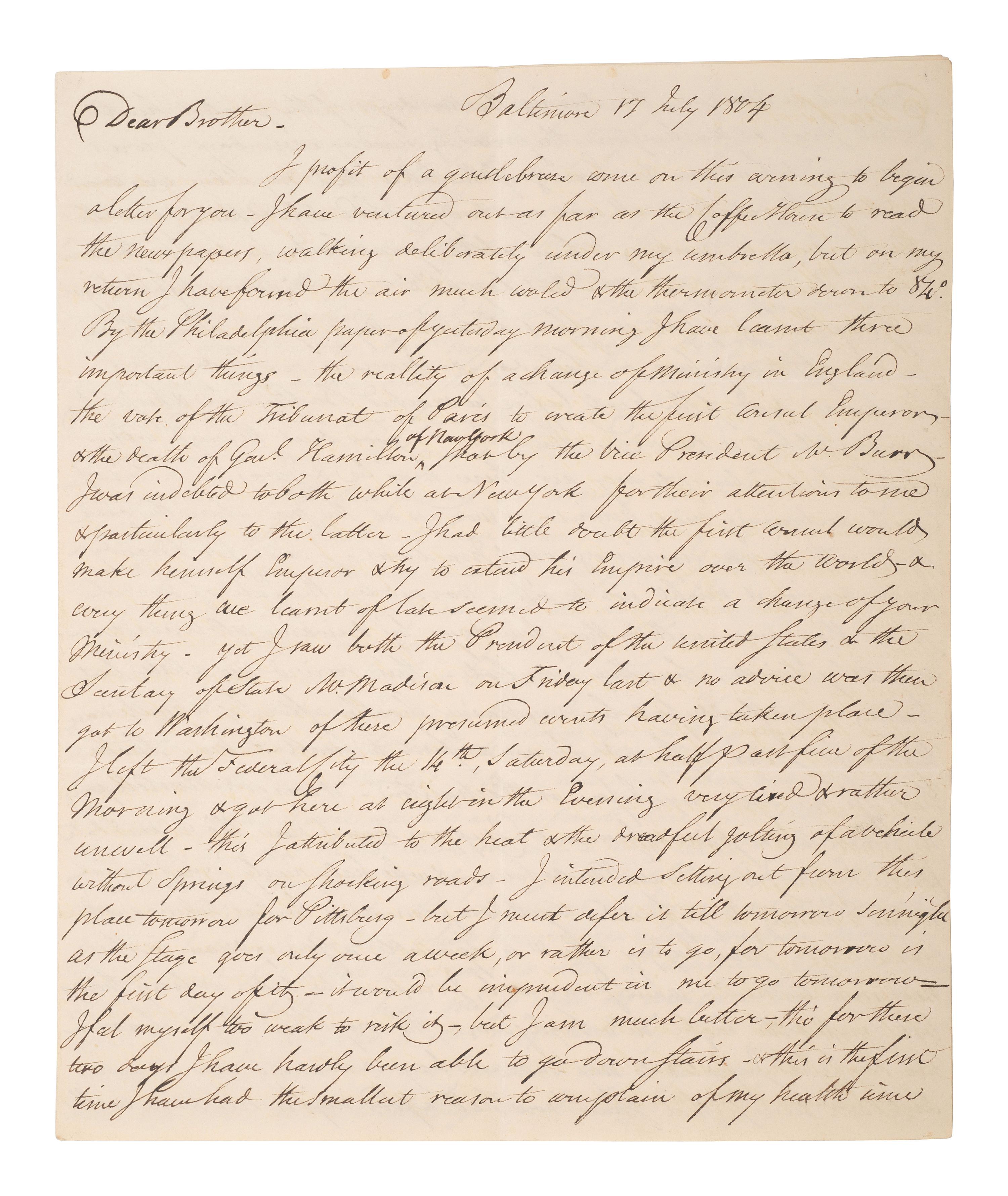 [WESTERN AMERICANA] -- [REPUBLIC OF WEST FLORIDA]. Letters of William Herries (1748-1811), British banker turned American entrepreneur, incl. description of meeting President Jefferson and his journey from New York to New Orleans, 1804-1811.