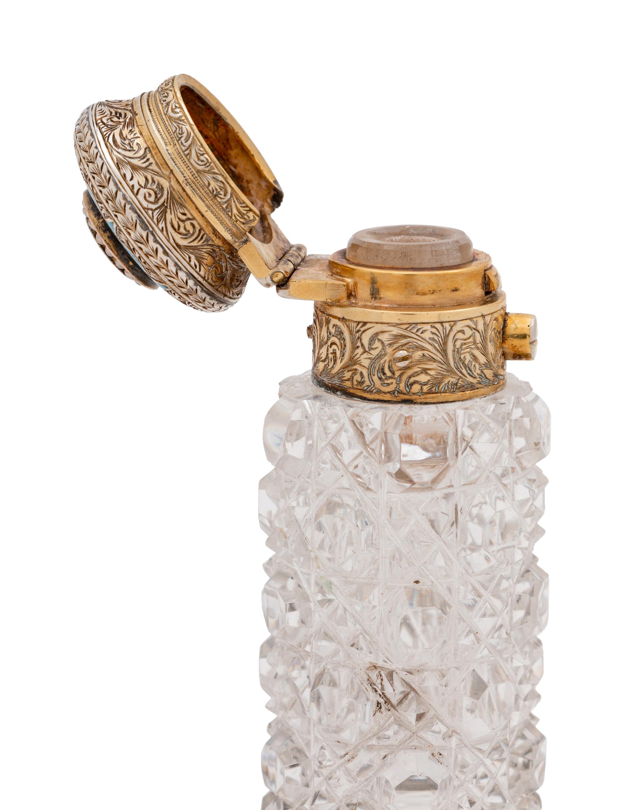 A Continental Silver-Gilt, Enameled and Pearl-Inset Cut Glass Scent Flask