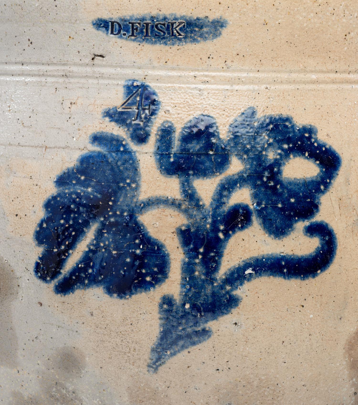 A Daniel Fisk Four Gallon Cobalt Decorated Stoneware Crock