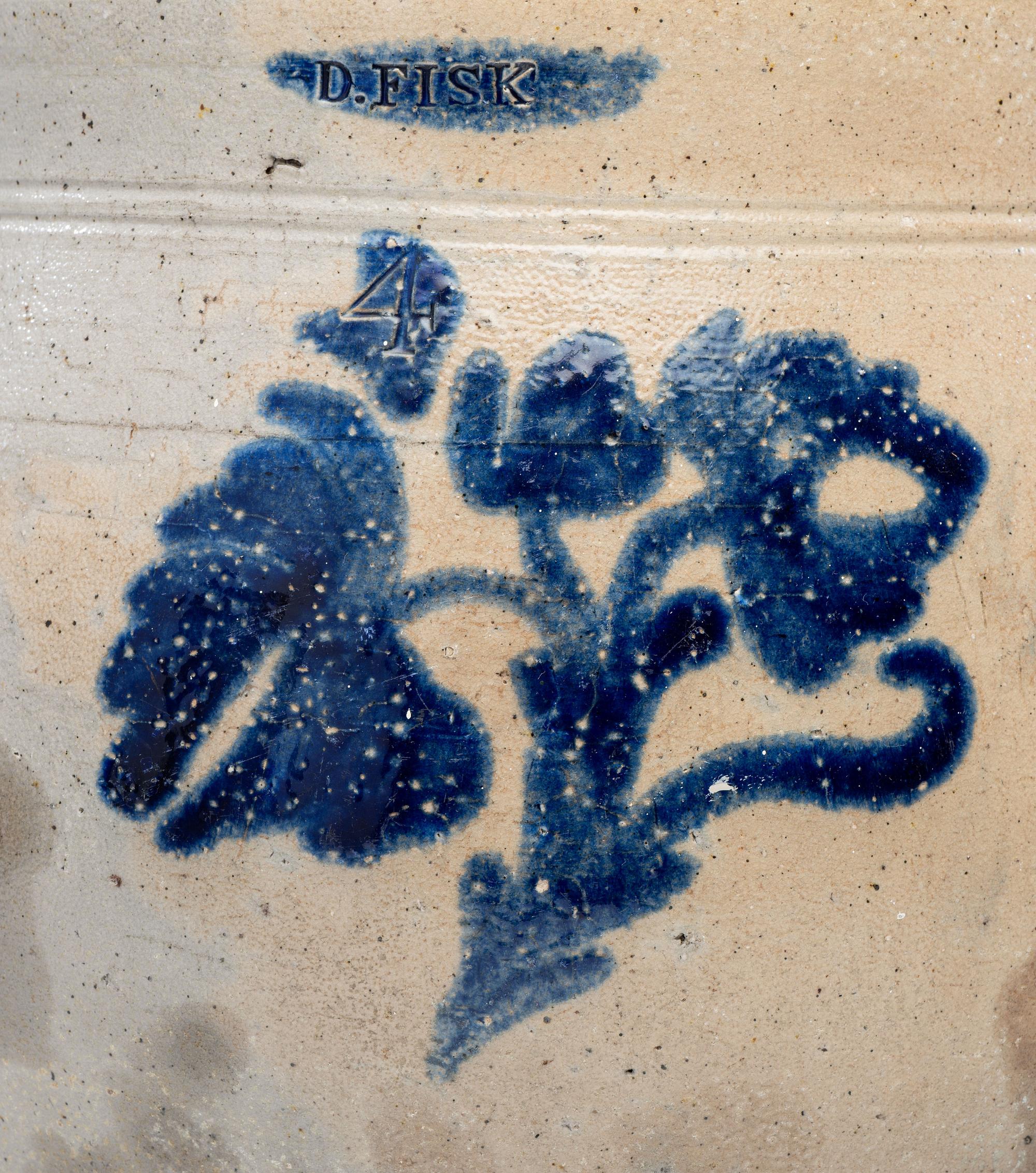 A Daniel Fisk Four Gallon Cobalt Decorated Stoneware Crock