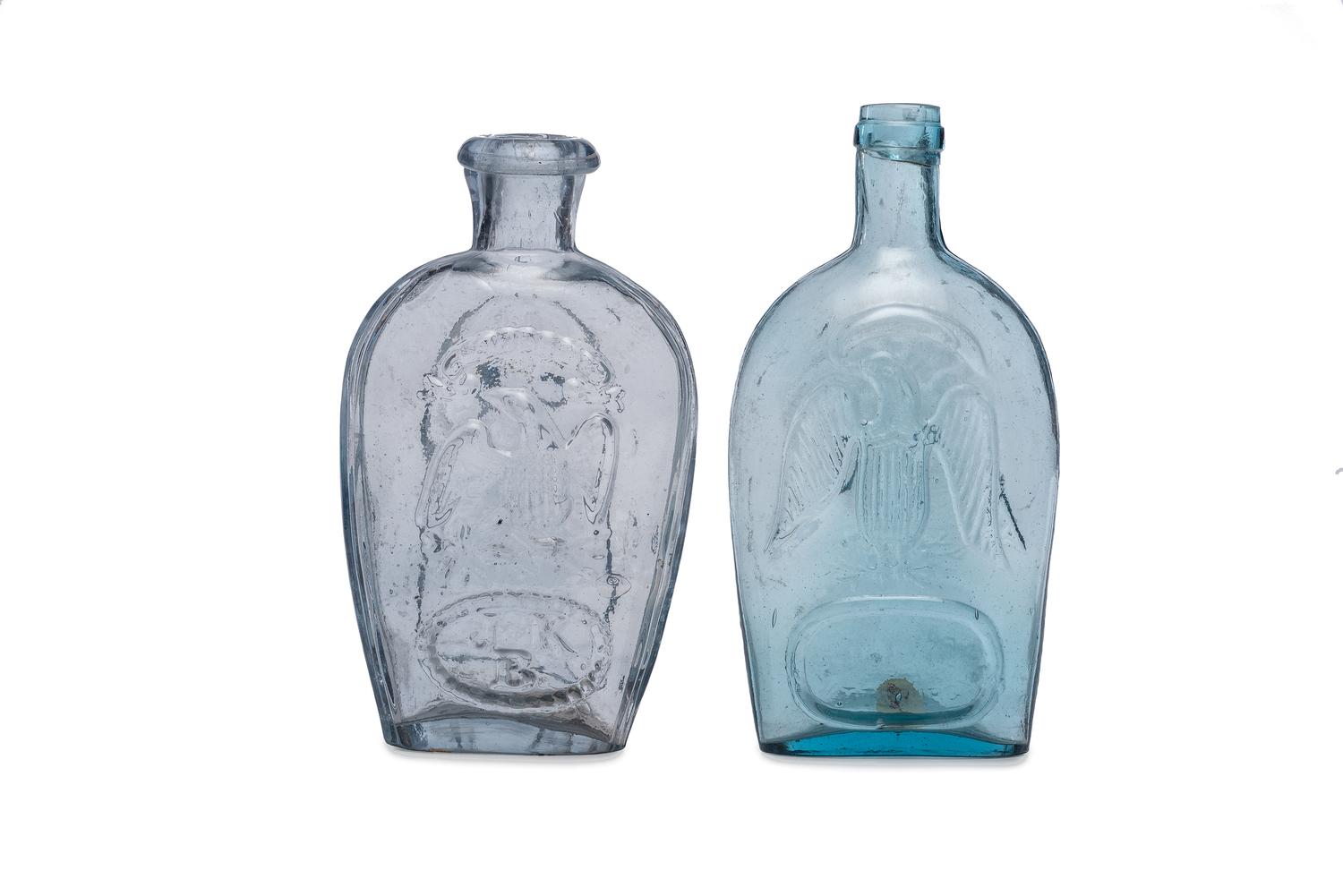 Two Molded Glass Aqua and Clear Flasks