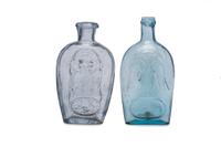 Two Molded Glass Aqua and Clear Flasks