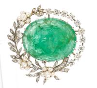 A White Gold, Carved Emerald, Diamond and Cultured Pearl Brooch, 20.30 dwts.