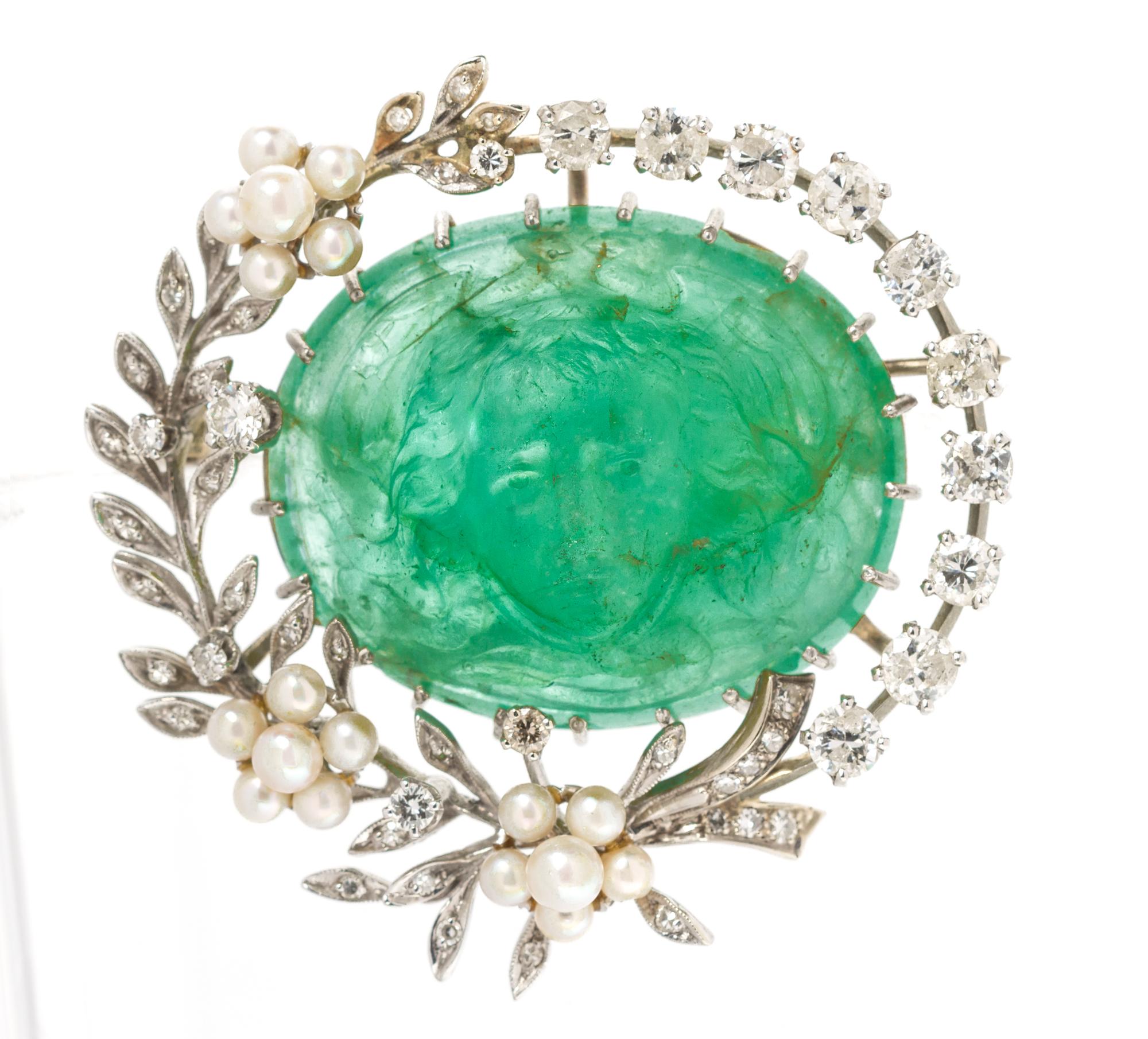 A White Gold, Carved Emerald, Diamond and Cultured Pearl Brooch, 20.30 dwts.