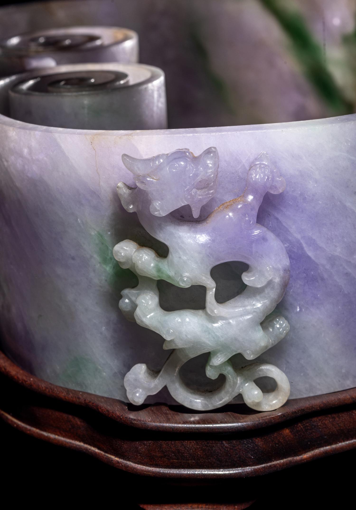 A Large Chinese Lavender and Apple Green Jadeite Ruyi- Form Brush Washer
