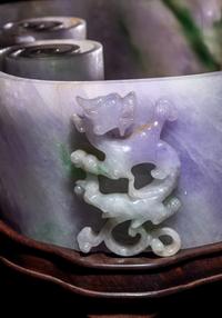 A Large Chinese Lavender and Apple Green Jadeite Ruyi- Form Brush Washer