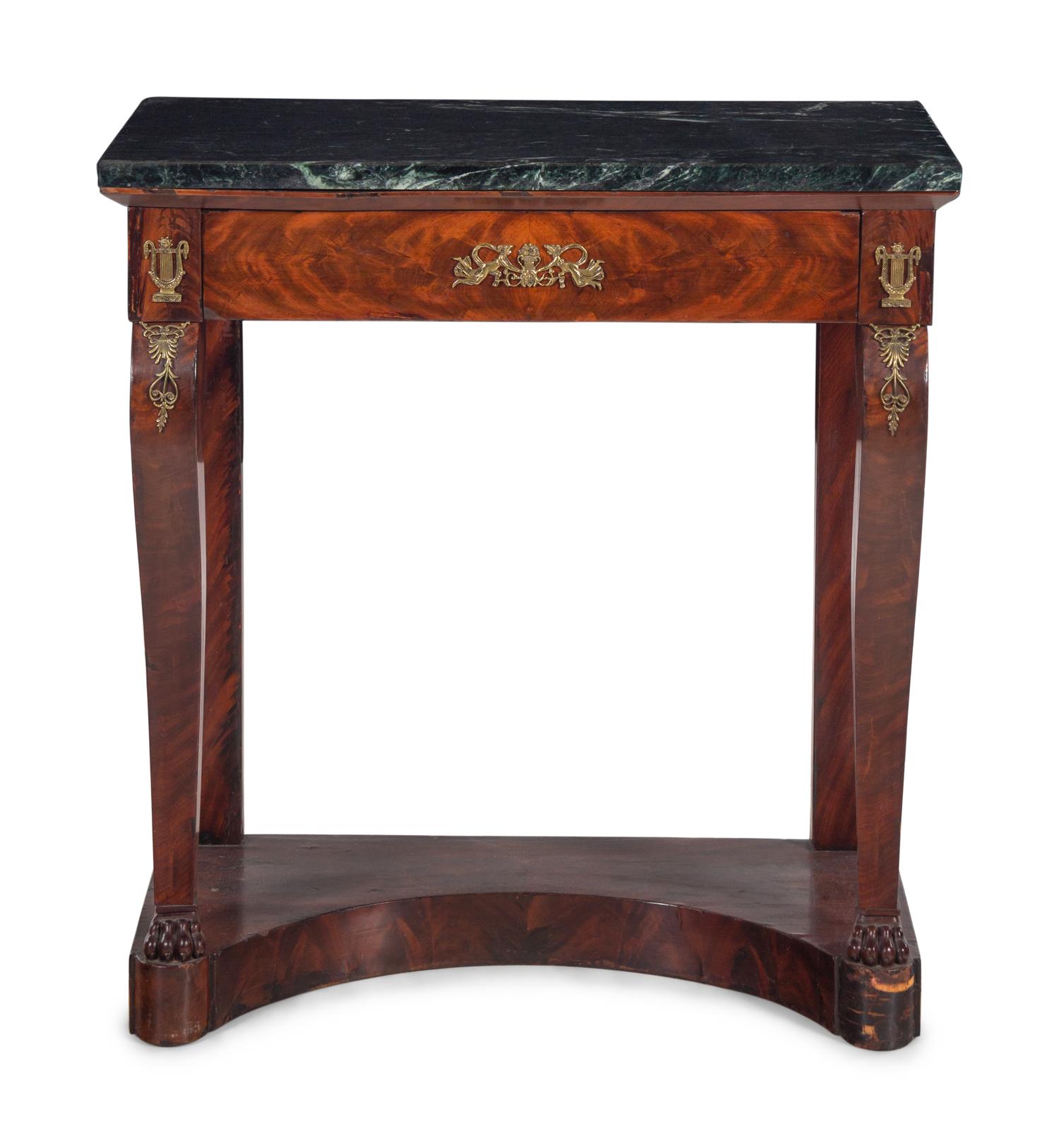 An Empire Style Gilt Metal Mounted Mahogany Marble-Top Console Table