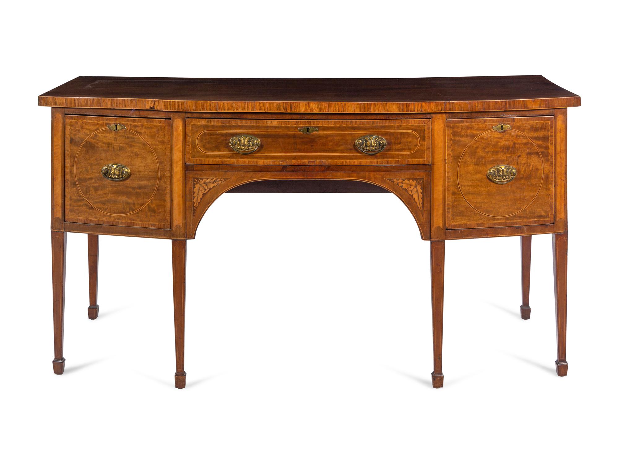 A Regency Marquetry and Line Inlaid Bowfront Sideboard