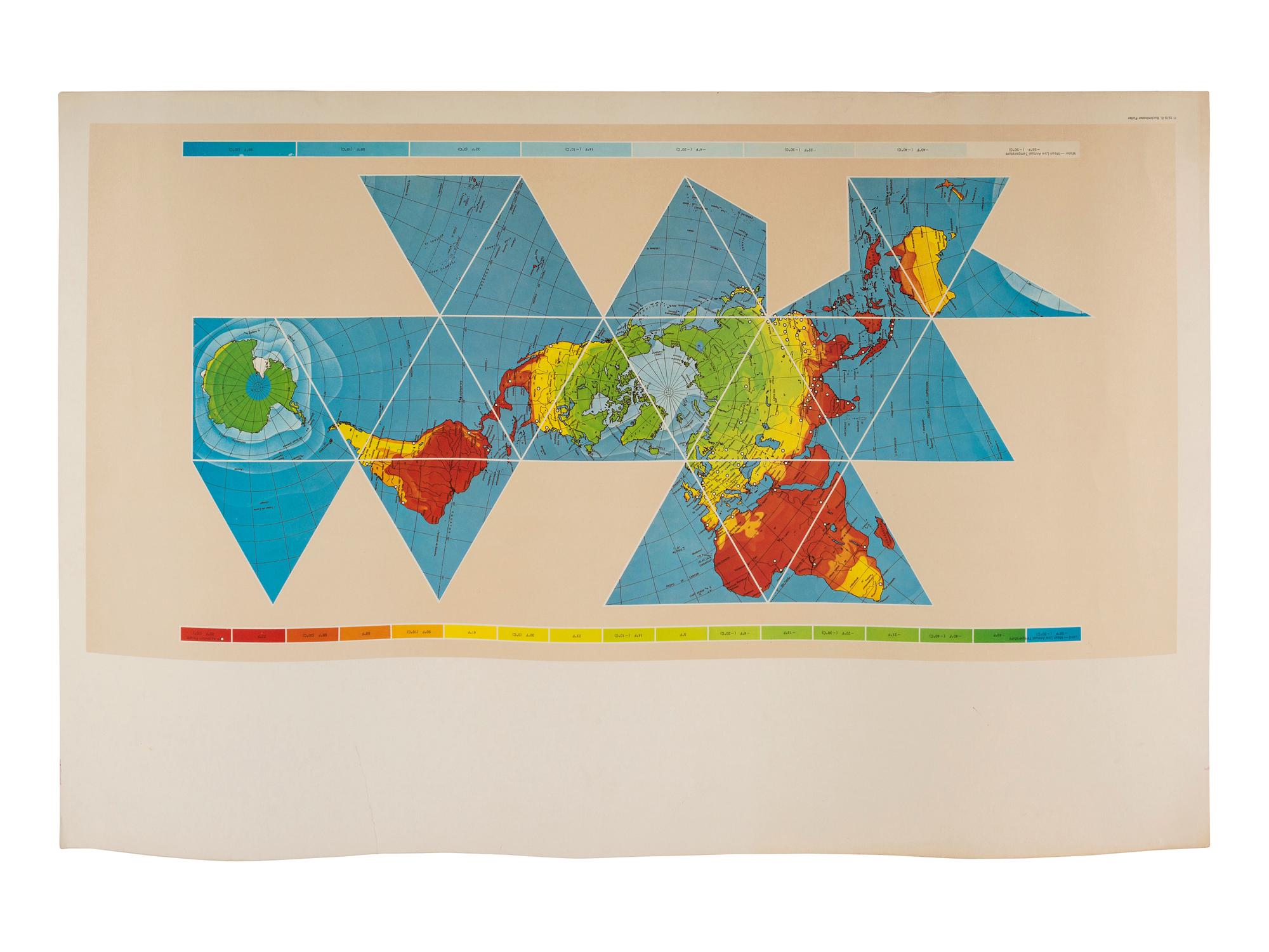 FULLER, R. Buckminster (1895-1983). A collection of 6 Dymaxion map posters, one SIGNED by Fuller and one with notations in his hand.