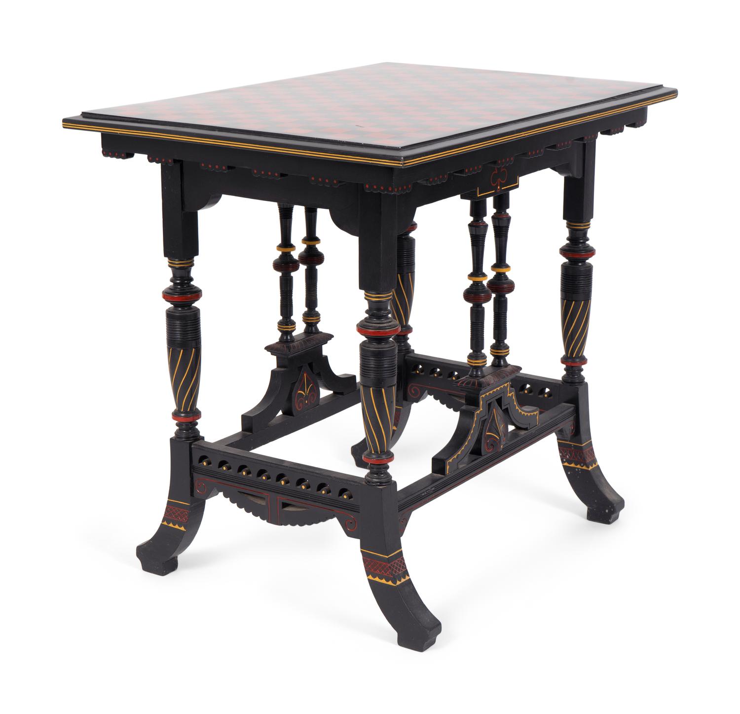 An Eastlake Ebonized Side Table with Red and Black Checkered Top — 19TH CENTURY