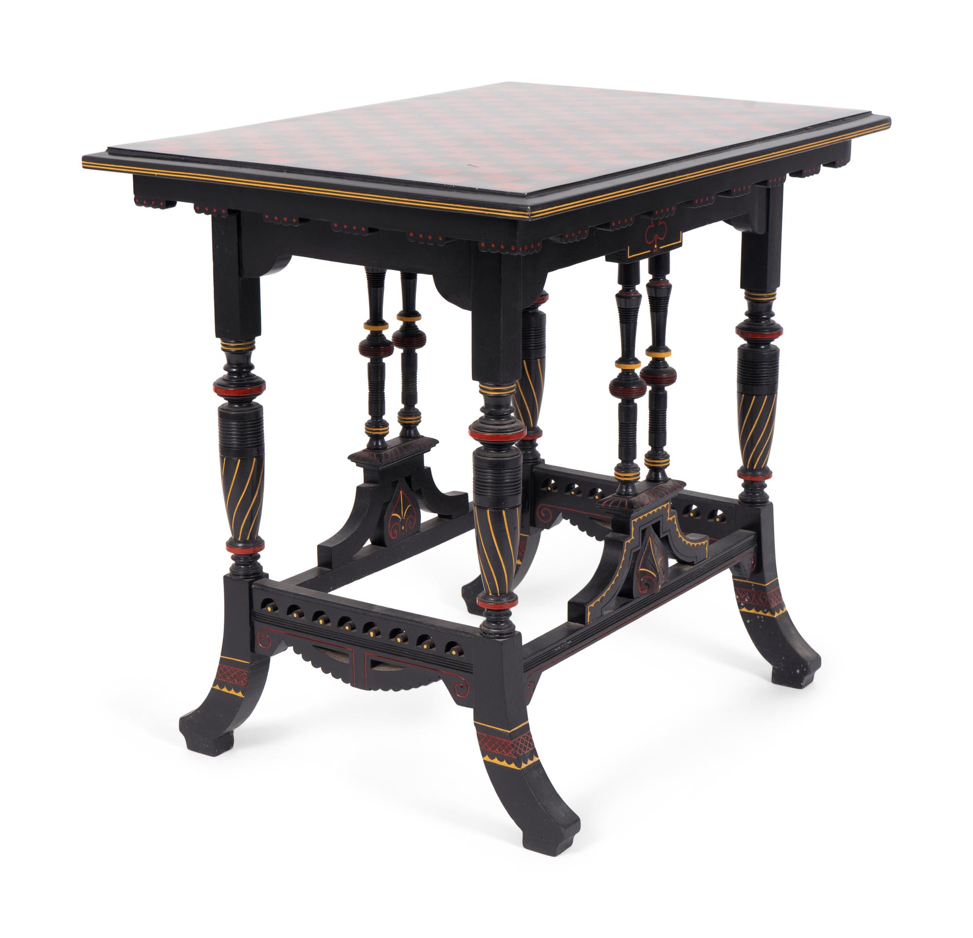 An Eastlake Ebonized Side Table with Red and Black Checkered Top — 19TH CENTURY