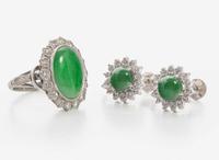 A Set of Matching 18K White Gold, Jade, and Diamond Earrings and Ring
