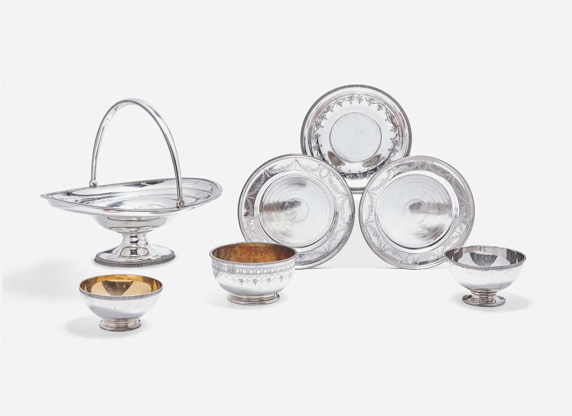 An assembled group of seven sterling silver tablewares, Tiffany & Co., New York, NY, dates ranging 1854-1891