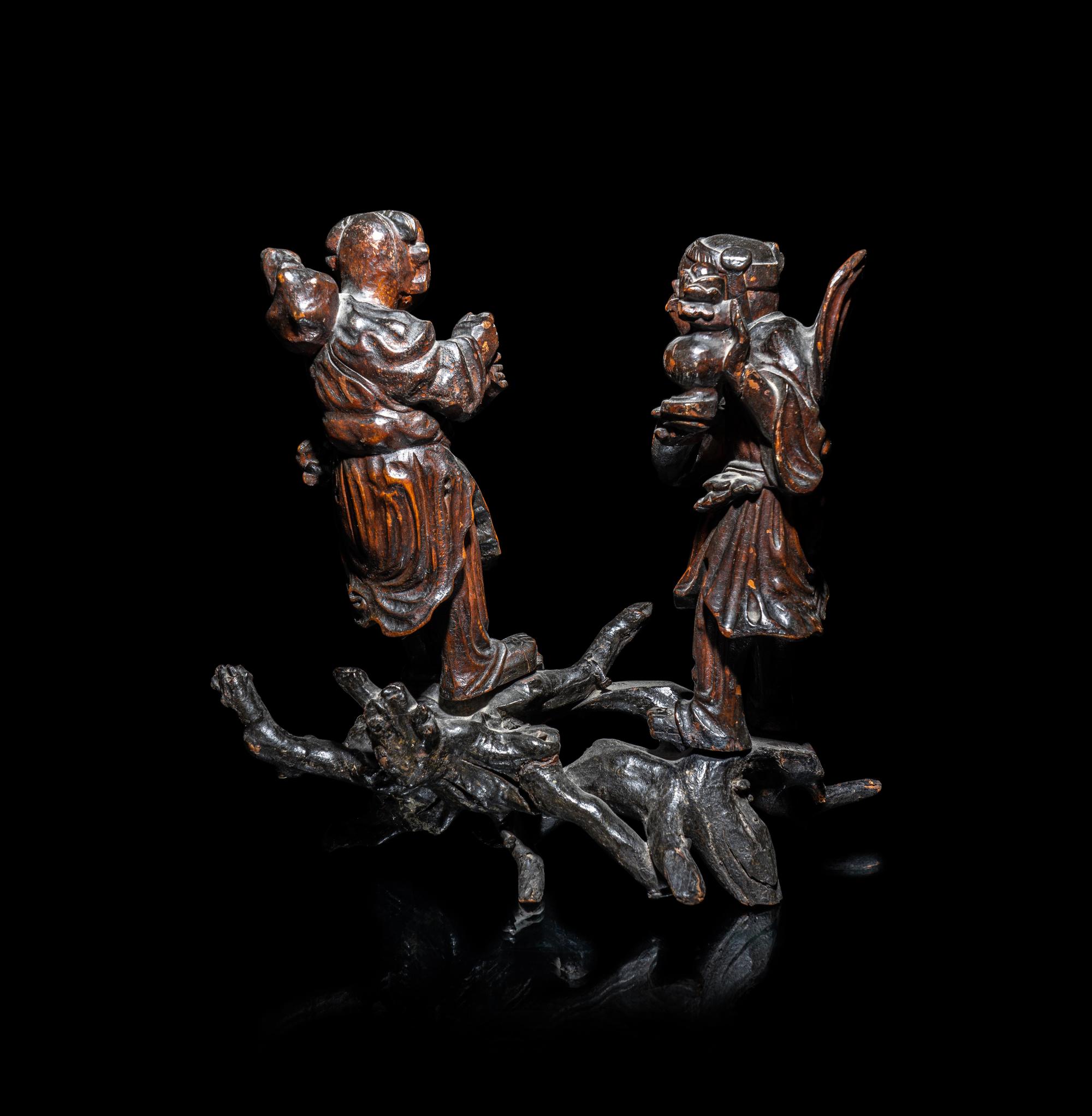 A Chinese Carved Wood Figure of Immortals Hehe Erxian