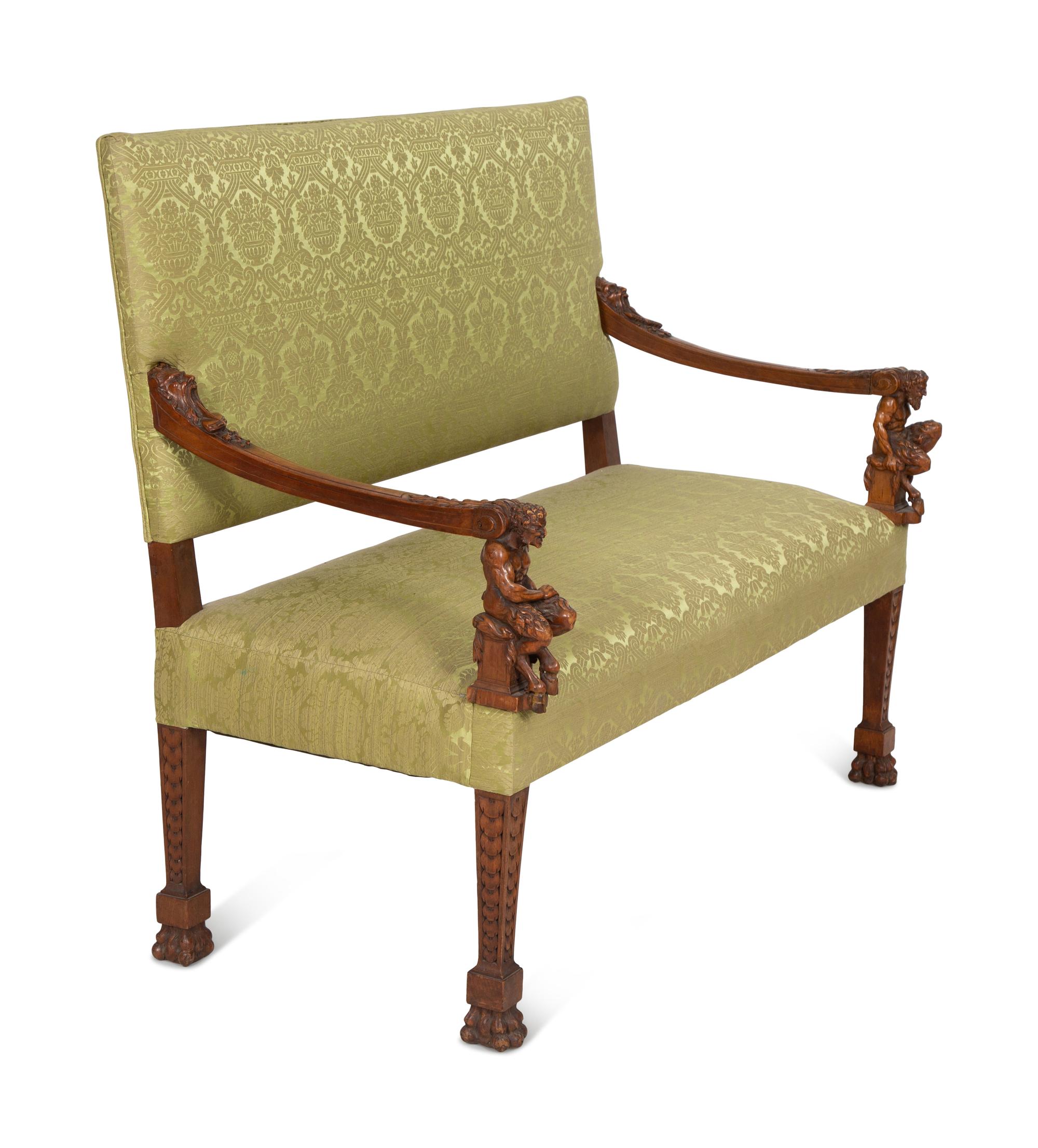 An Italian Carved Walnut Hall Bench with Scalamandré Upholstery