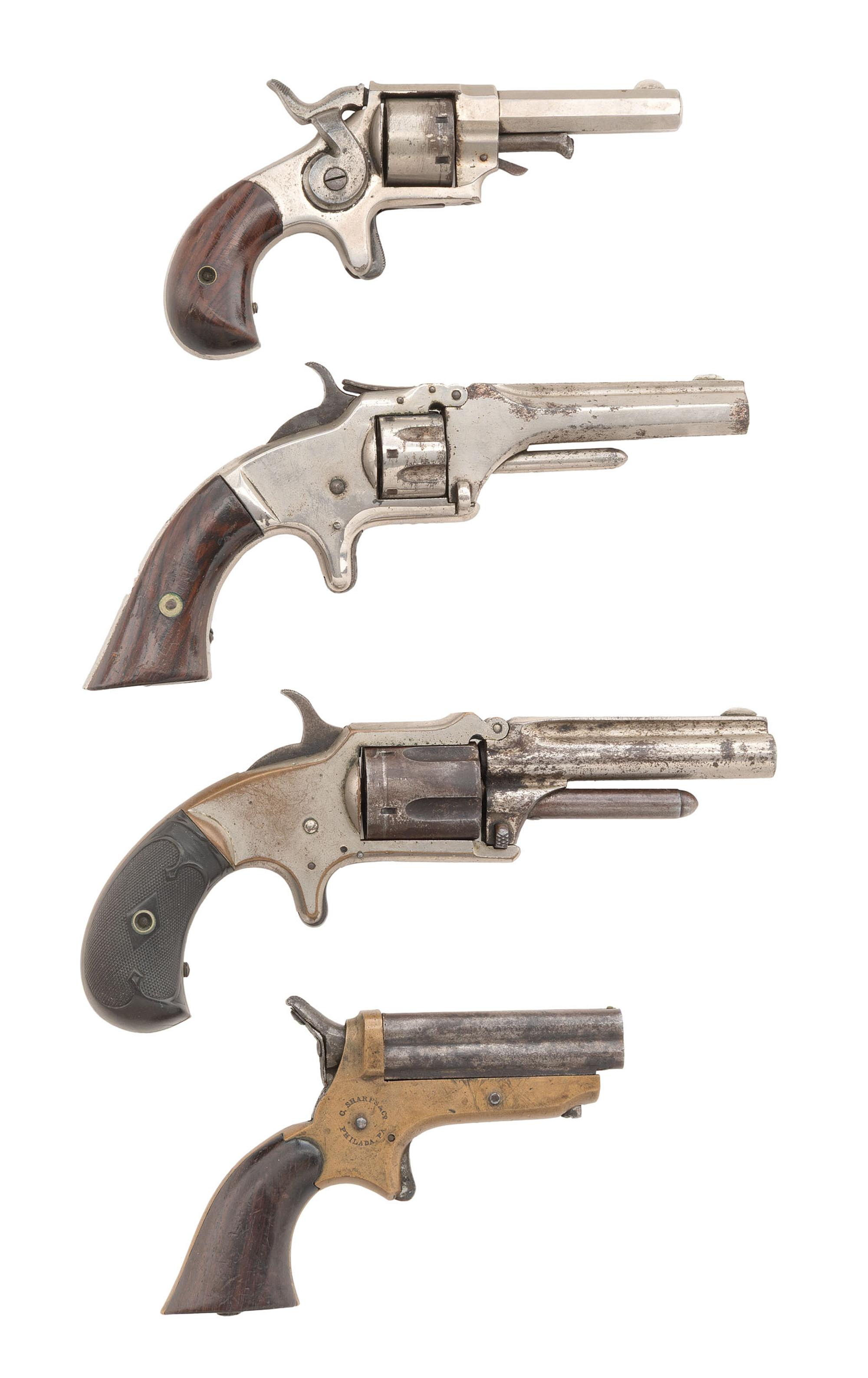 Four Antique Cartridge Pistols: 3 Revolvers & 1 Sharps Pepperbox