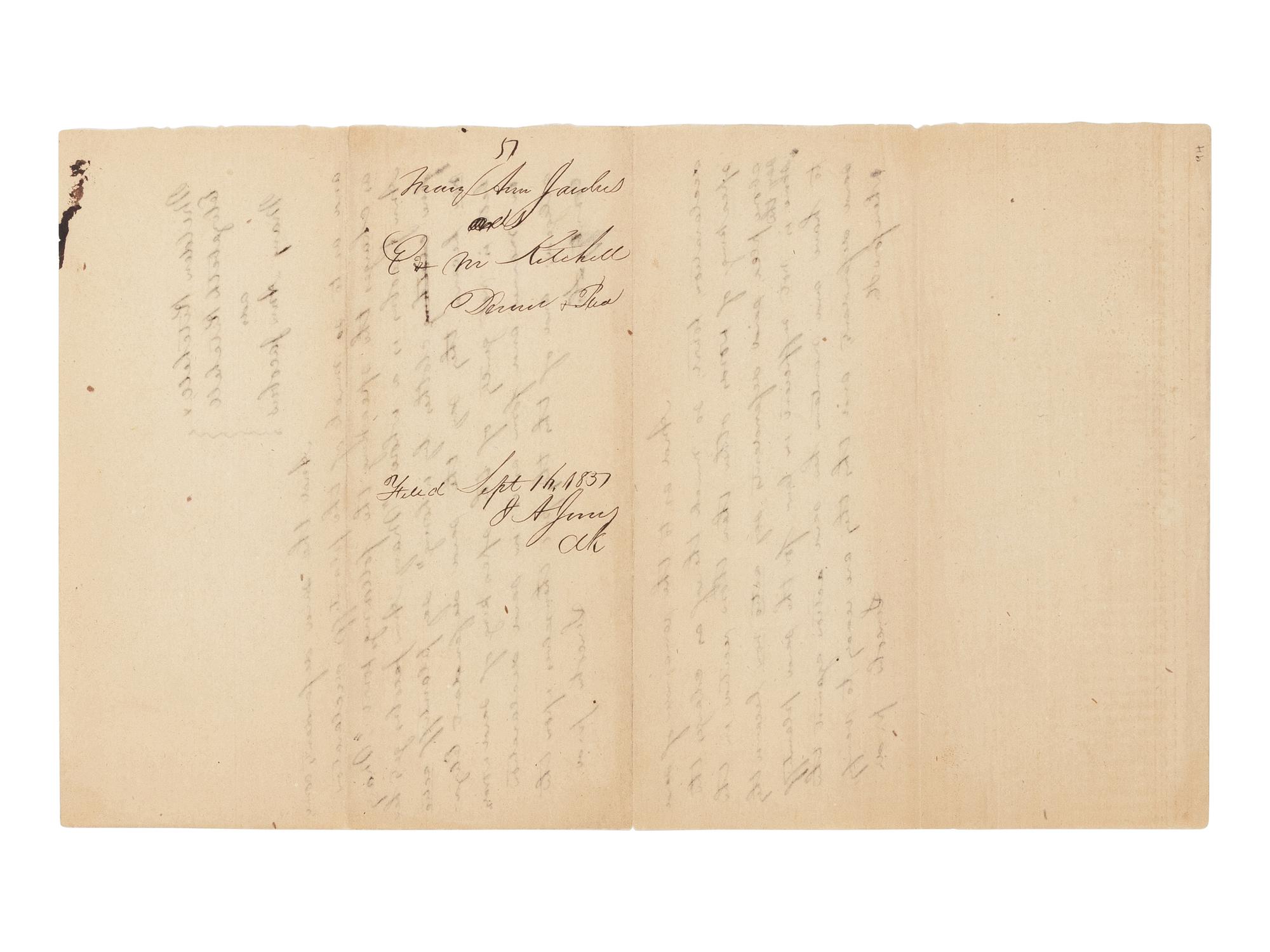 LINCOLN, Abraham (1809-1865). A group of 3 autograph documents in Lincoln's hand relating to the legal case Mary Ann Jacobus vs. Kitchell & Kitchell. Tazewell County, Illinois, 1851.