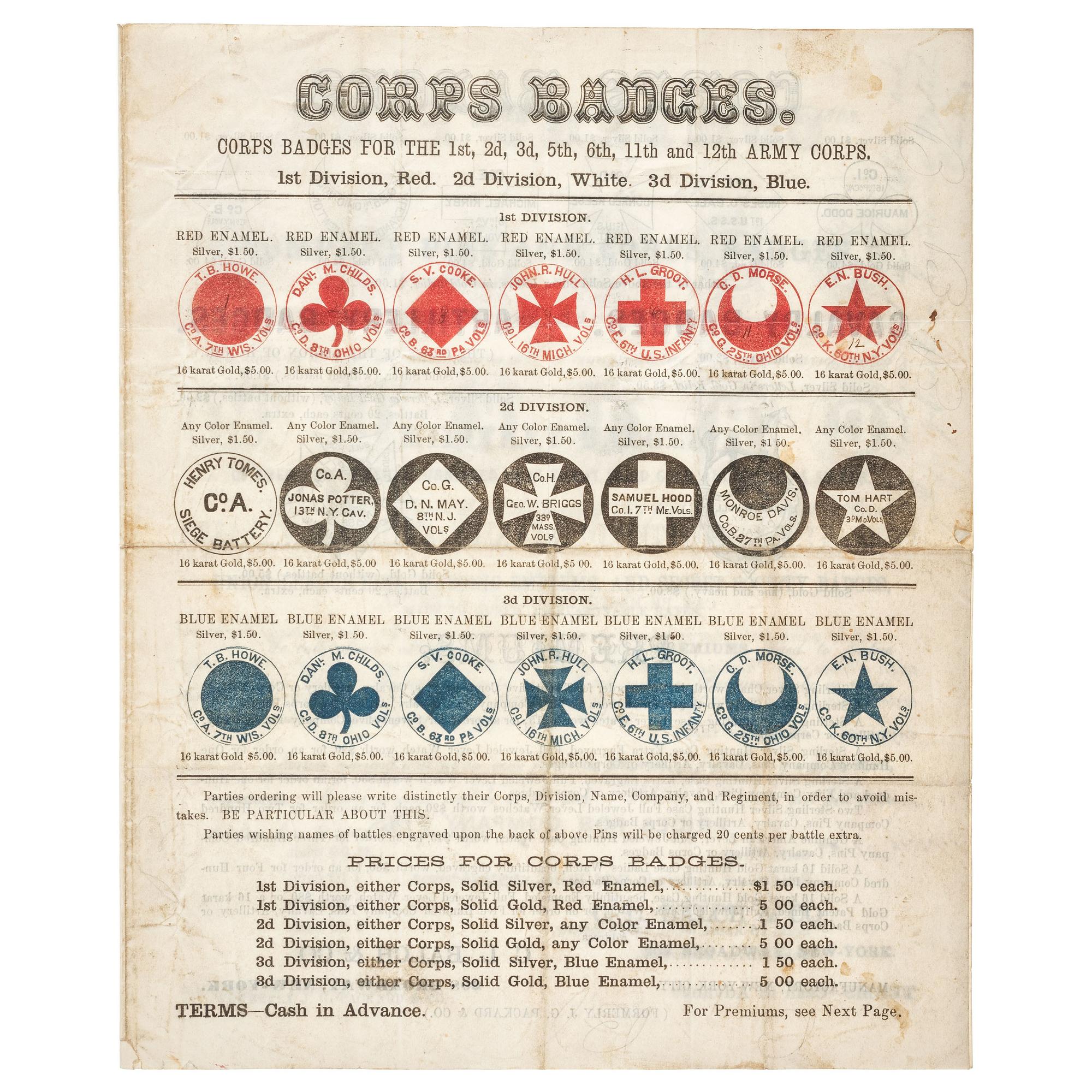 Corps Badges for the 1st, 2d, 3d, 5th, 6th, 11th, and 12th Army Corps . New York, NY: C.L. Balch & Co., 1863.