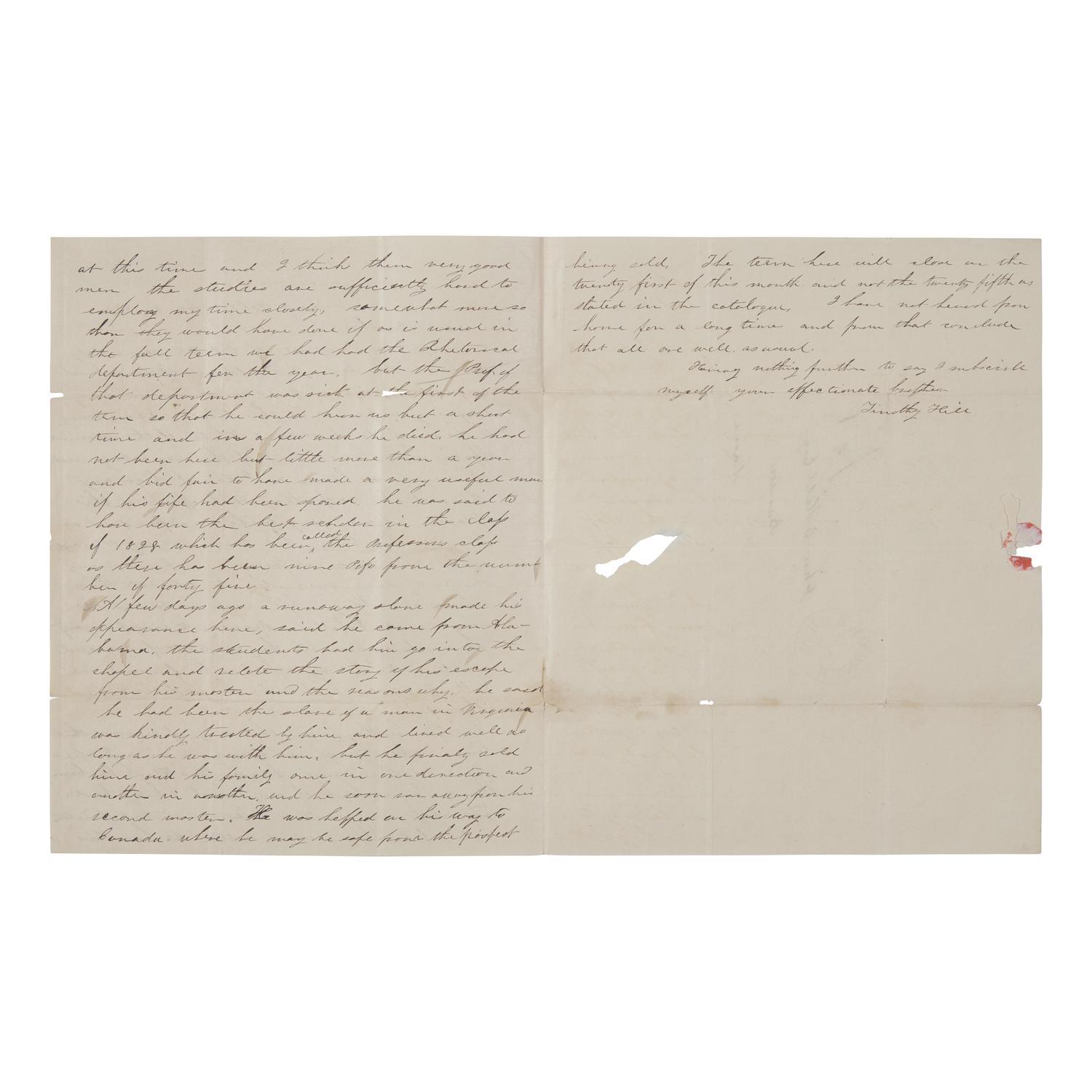 [African-Americana] [Underground Railroad] Autograph Letter, signed, by a Dartmouth Student Who Recounts the Arrival of a Runaway Slave