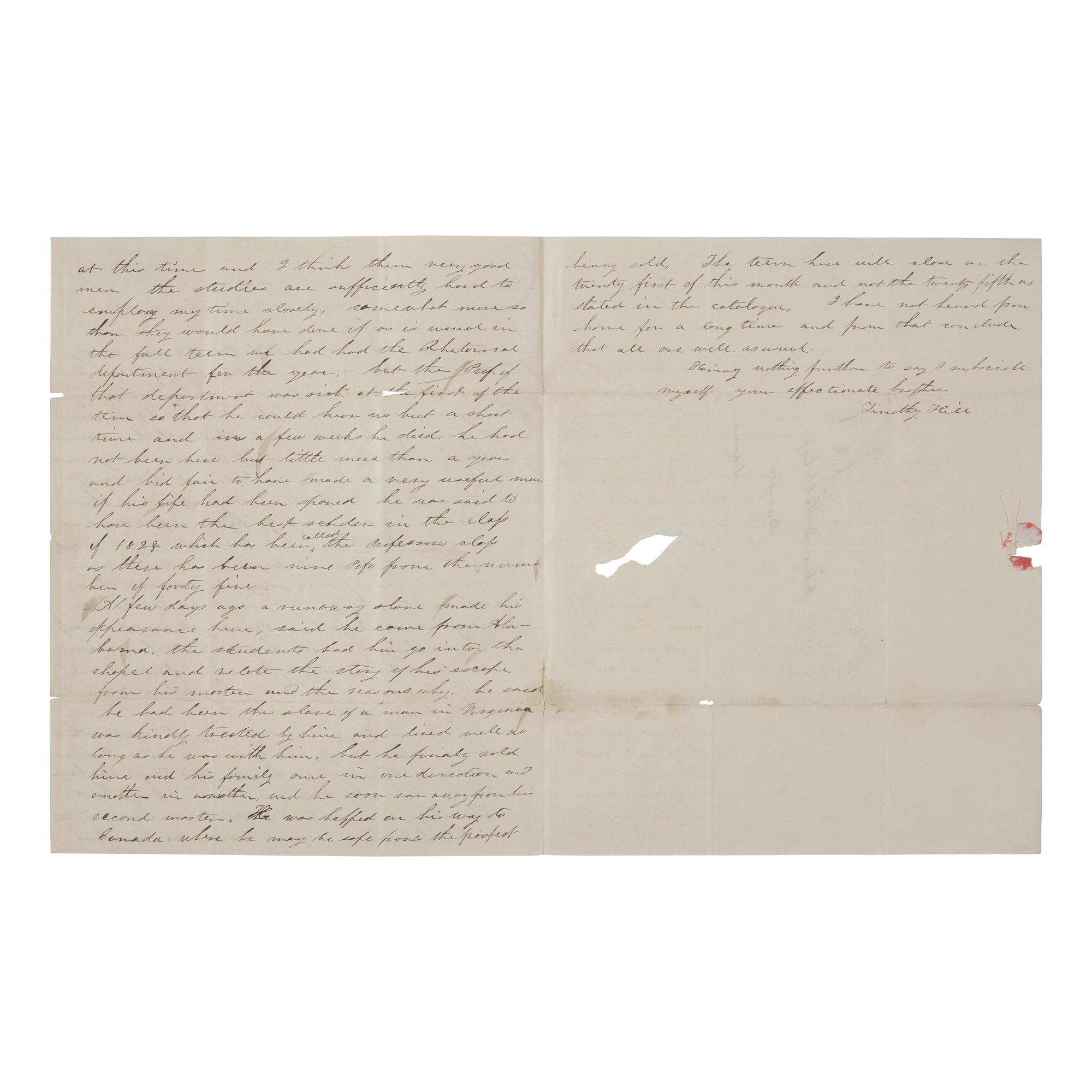 [African-Americana] [Underground Railroad] Autograph Letter, signed, by a Dartmouth Student Who Recounts the Arrival of a Runaway Slave