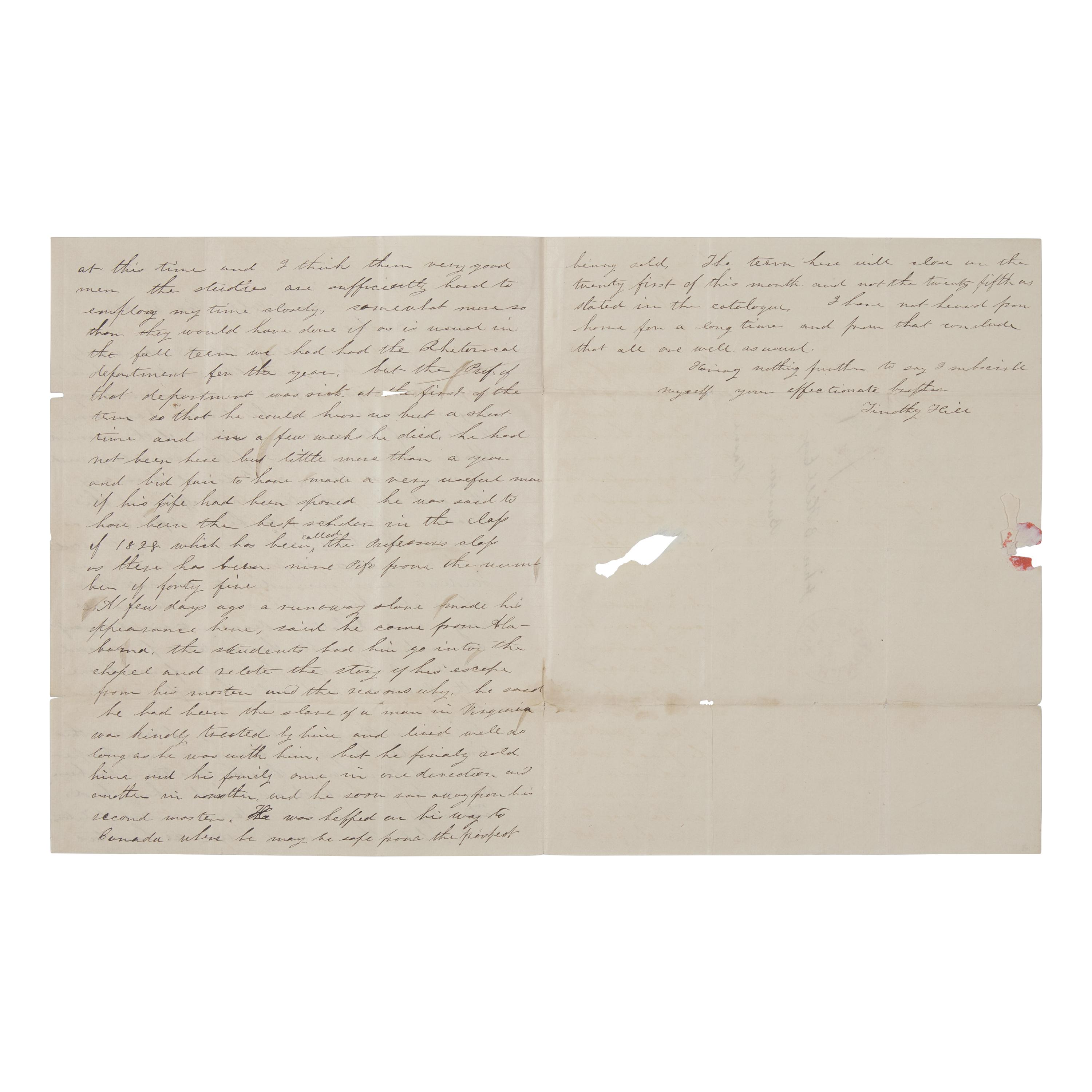 [African-Americana] [Underground Railroad] Autograph Letter, signed, by a Dartmouth Student Who Recounts the Arrival of a Runaway Slave