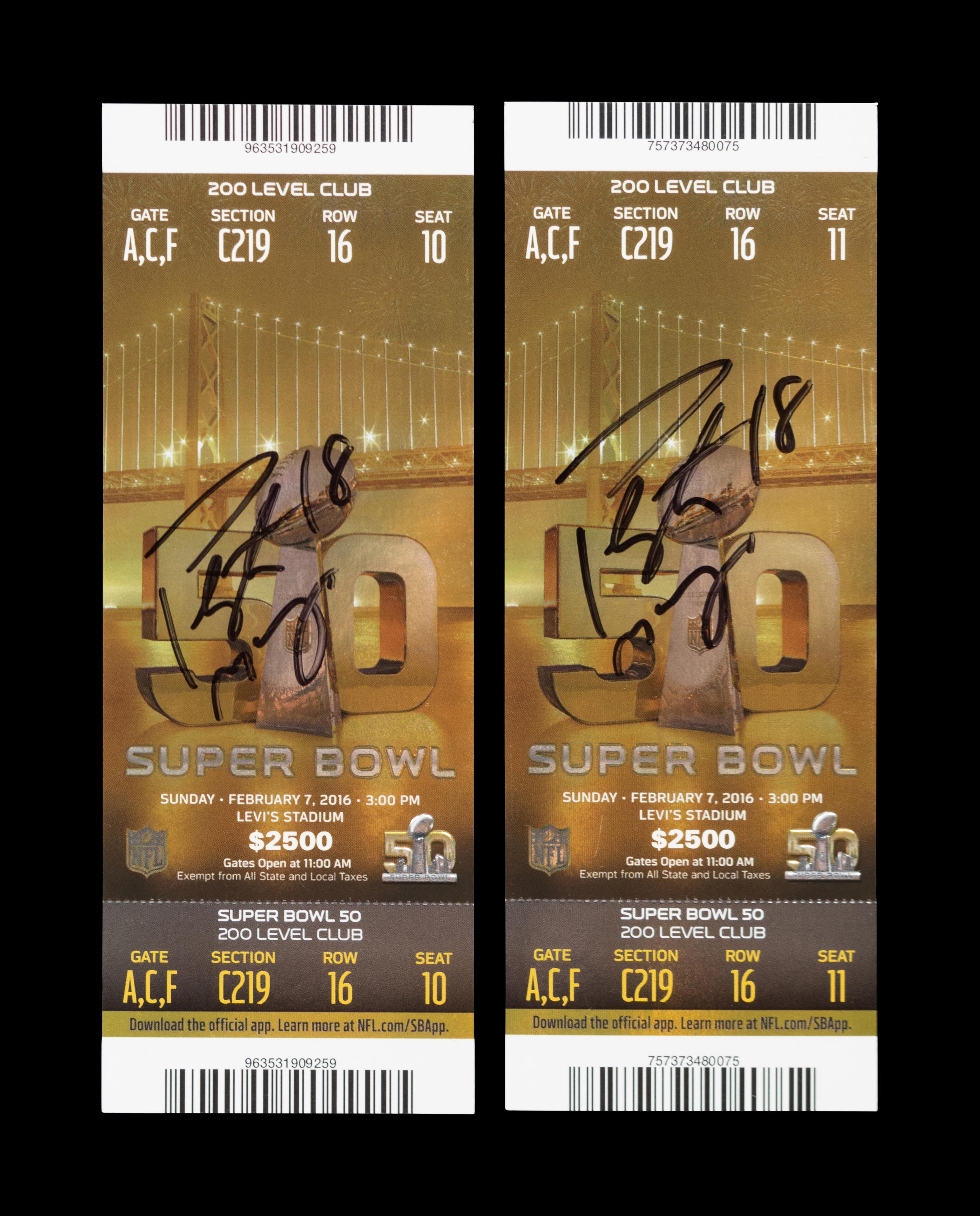 A Group of Two Peyton Manning Signed Autograph Super Bowl 50 Full Tickets,
